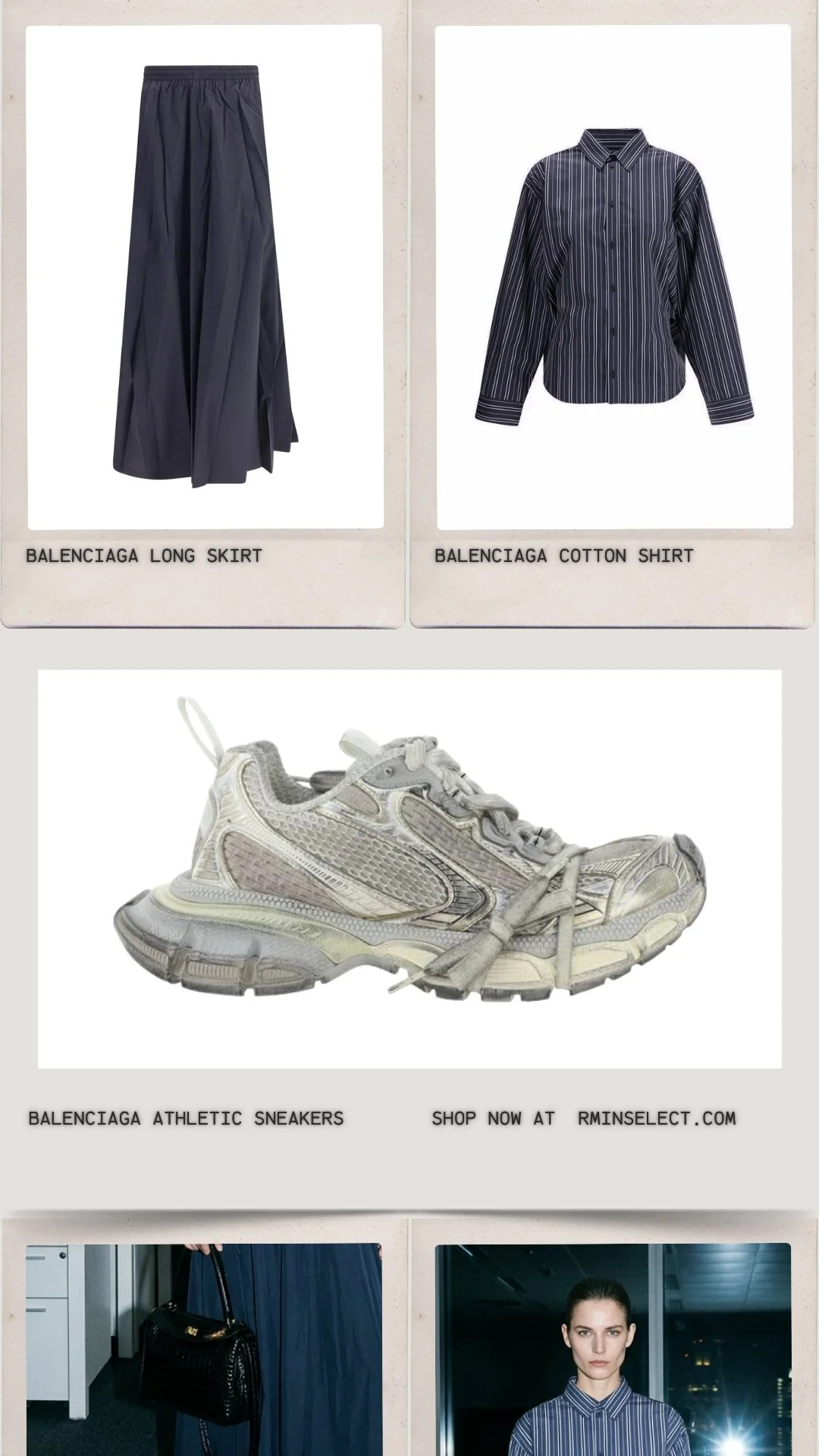 Produktfotos von Modeartikeln: Ein langer Rock, eine Baumwollbluse, Turnschuhe, eine Person mit einer schwarzen Handtasche und eine Person im karierten Hemd.