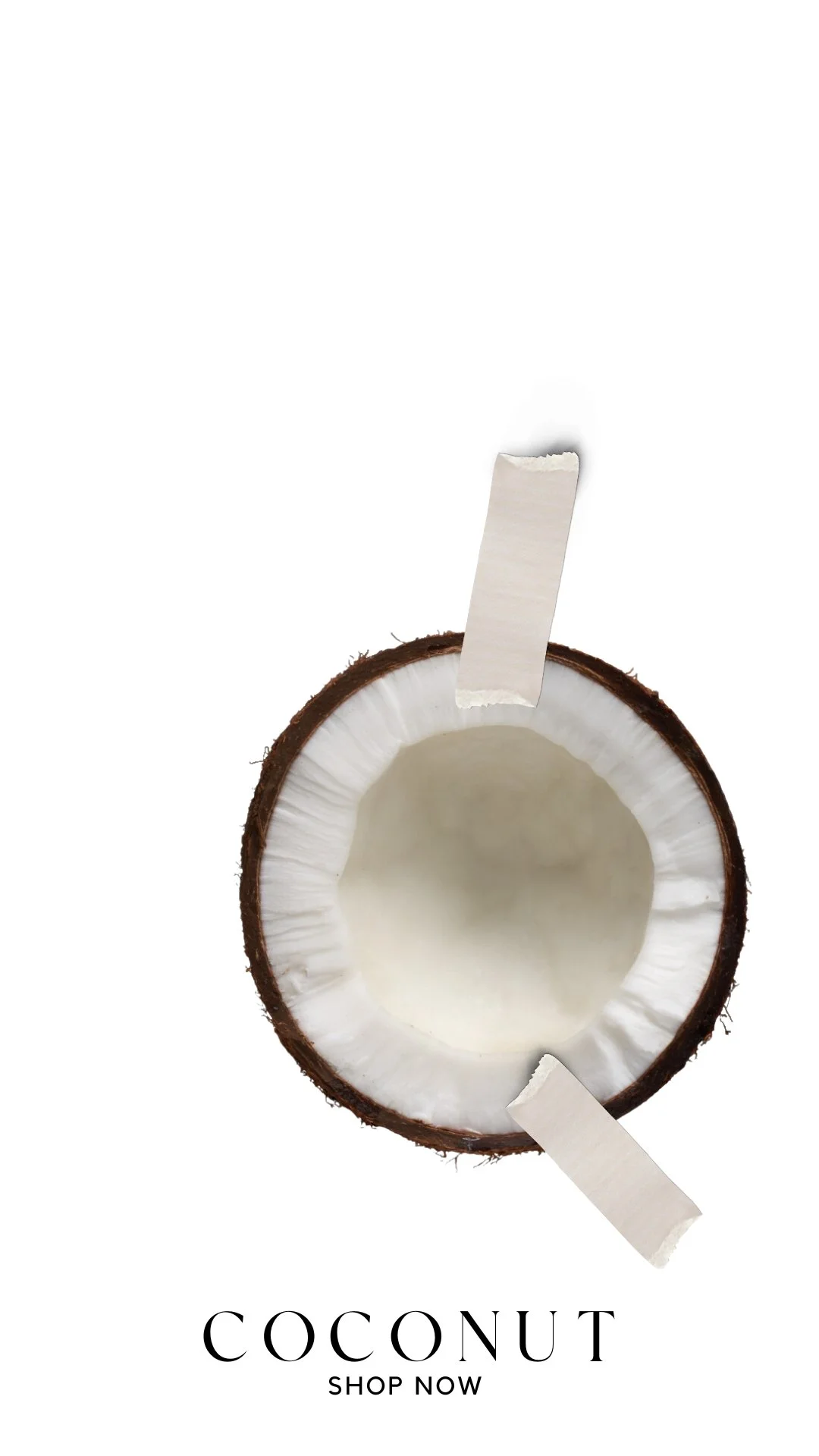 Eine halbe Kokosnuss mit weißen Innenraum, die auf einem weißen Hintergrund liegt, mit Text, der auf Shop Now hinweist.