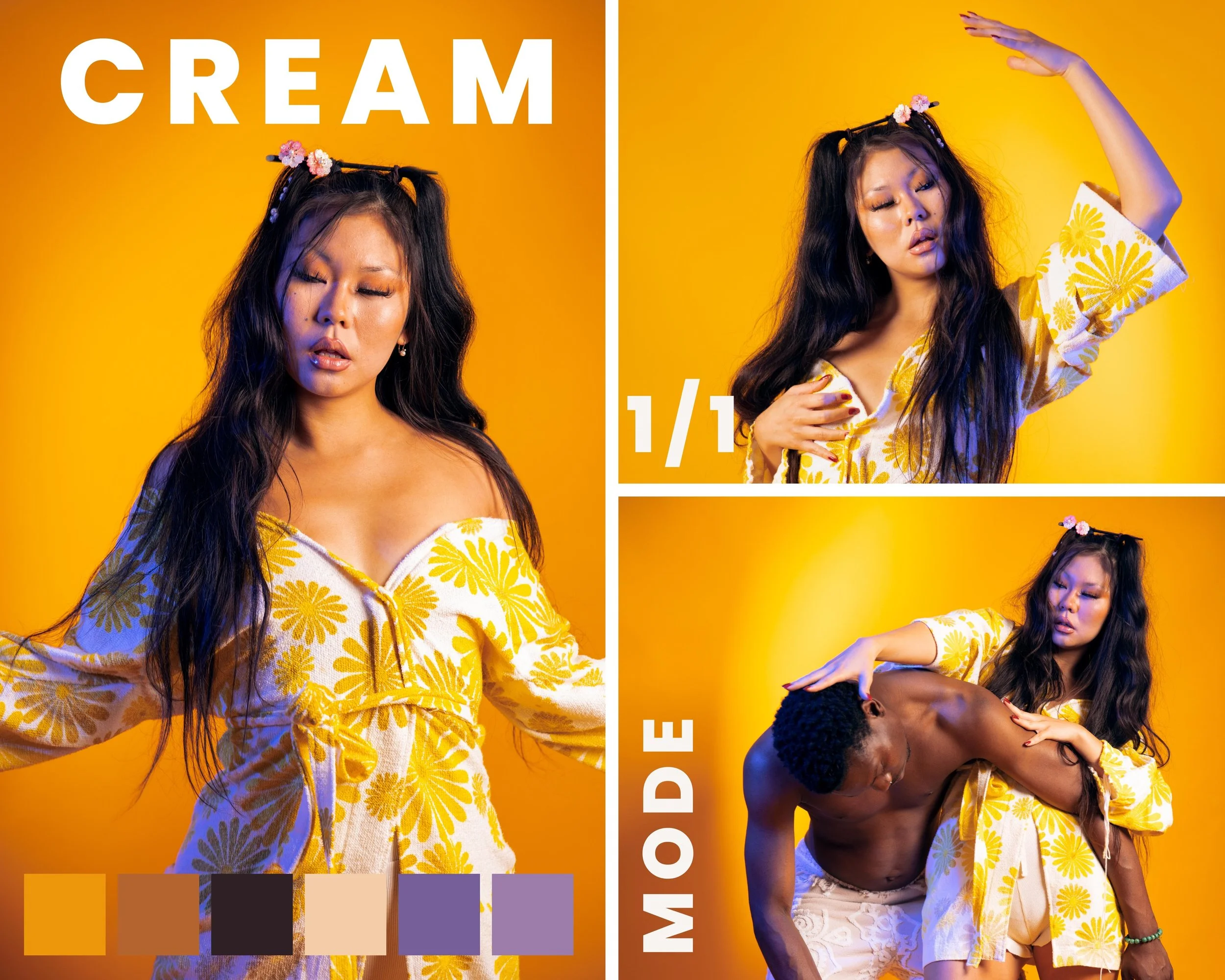 Modellbilder einer Frau in einem gelb-weiß blumigen Outfit gegen einen orangefarbenen Hintergrund, mit Texten 'CREAM' und 'MODE' und Farbpaletten am unteren Rand.