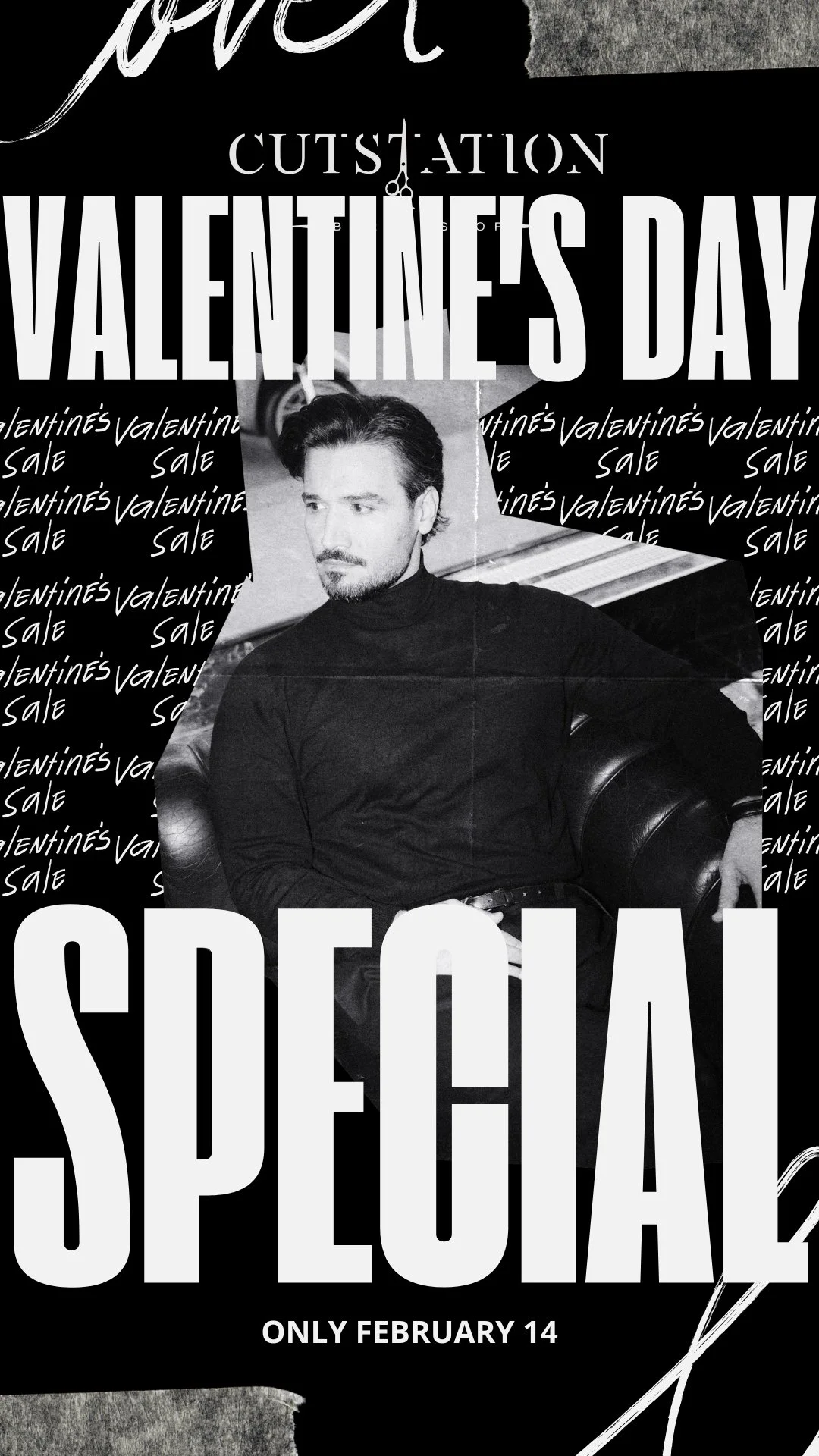 Schwarzes Plakat mit weißem Text, der an Valentinstag, 14. Februar, gegen Spezialeinnahmen wirbt, mit einem Schwarz-Weiß-Foto eines jungen Mannes in einem schwarzen Rollkragenpullover.