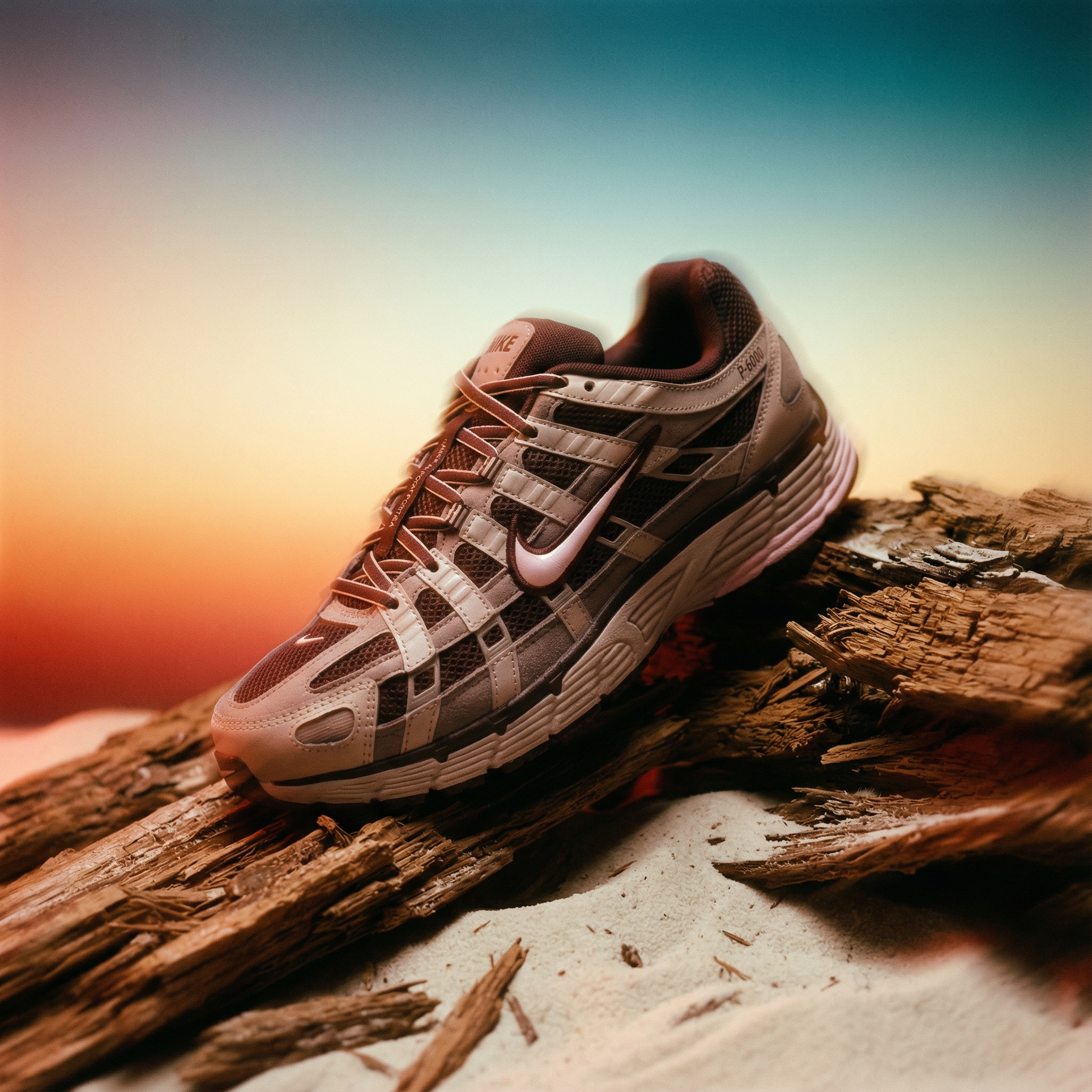 Laufschuh auf Holzstamm bei Sonnenuntergang