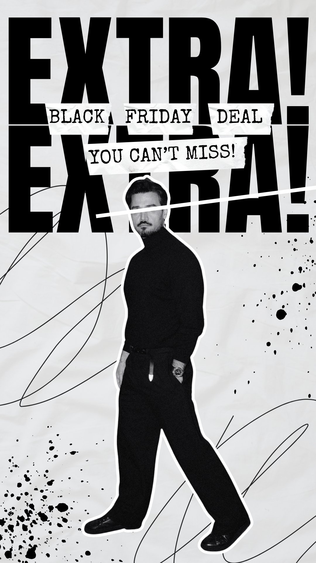 Schwarz-weiß-Werbung für einen Black Friday Sale mit einem stilisierten Mann in dunkler Kleidung und Text, der auf ein Angebot hinweist.