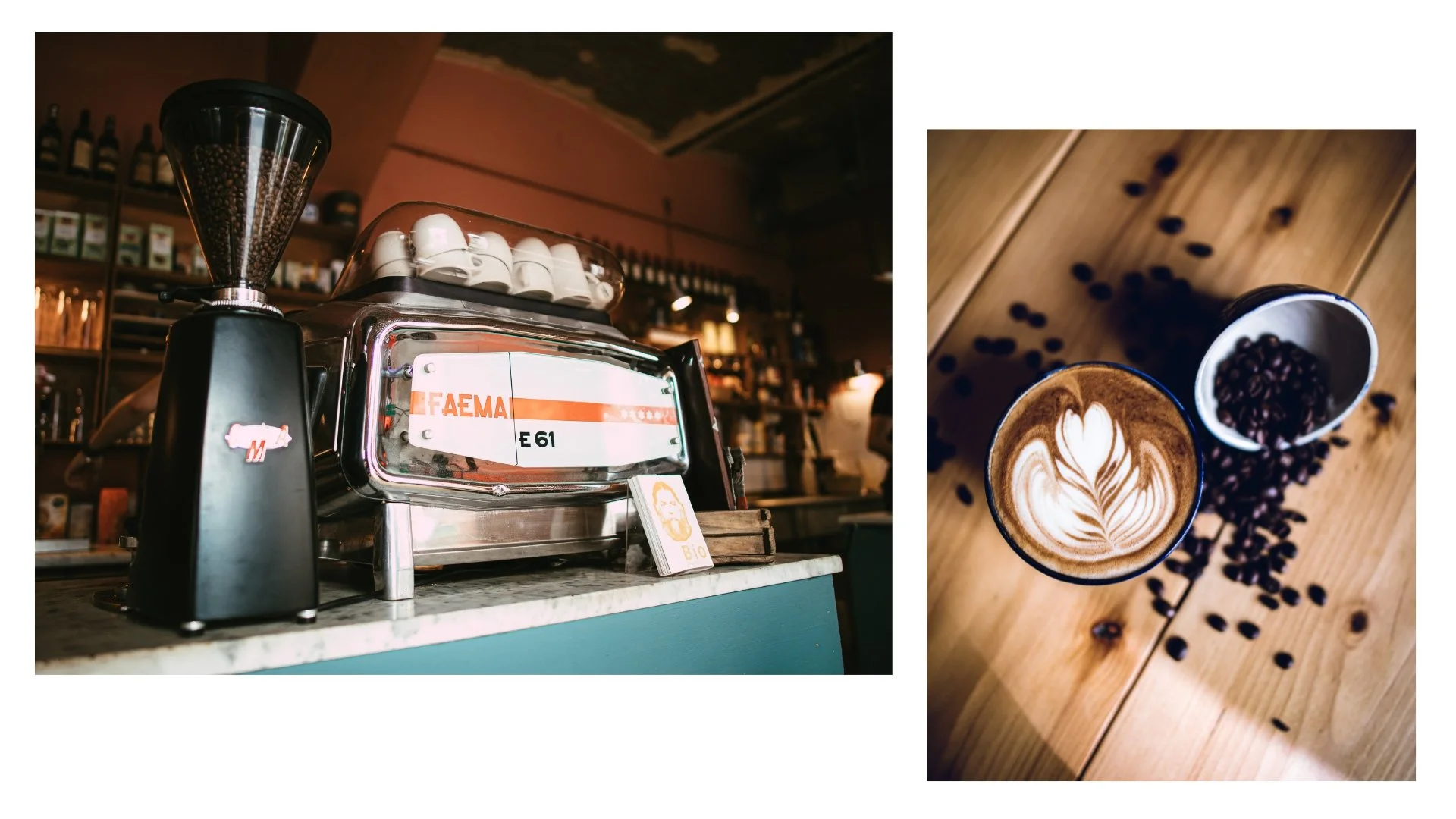 Blick auf eine Espressomaschine mit Kapseln in einer Kaffeebar, daneben auf einem Holztisch eine Tasse Kaffee mit Herz-Muster und eine kleine Schale mit Kaffeebohnen, die auf dem Tisch verstreut sind.