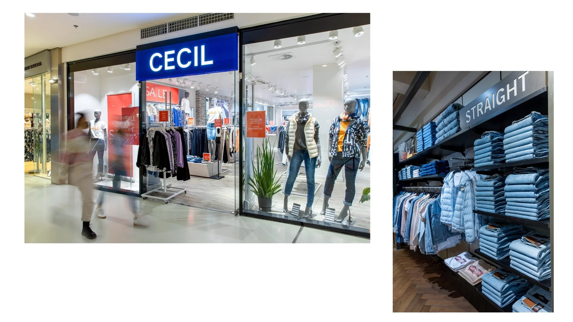 Schaufenster eines Modegeschäfts mit mannequins, die Jacken und Kleidung tragen, im Eingangsbereich, sowie Kleidungsregale mit Jeans und Hemden.