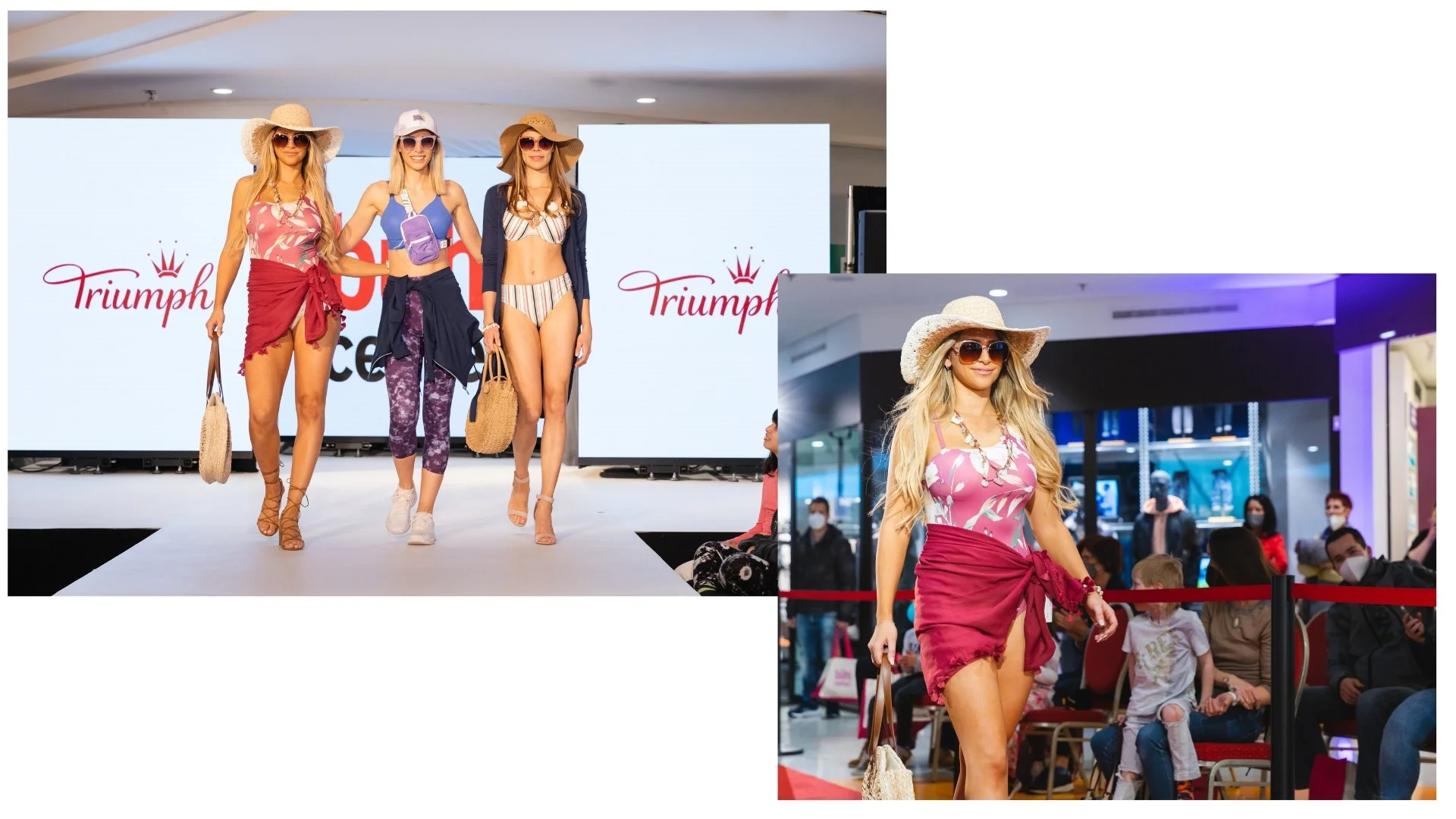 Eine Modenschau mit Models, die Mode im Strandstil präsentieren, und eine Frau in einem Strand-Outfit, die auf dem Laufsteg läuft.