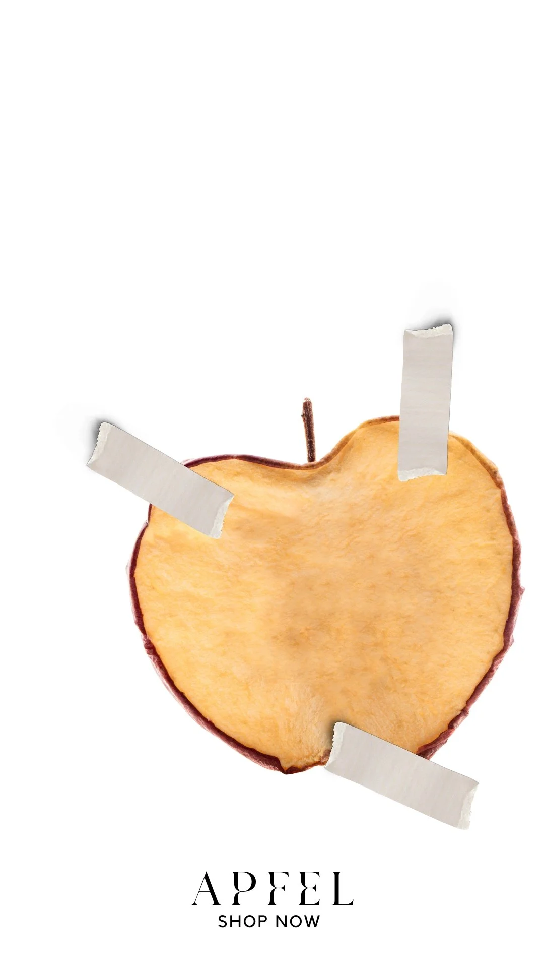 Ein Apfel, der an einer Seite aufgeschnitten ist, mit Klebeband am Bildschirm befestigt. Darunter steht "APFEL SHOP NOW".