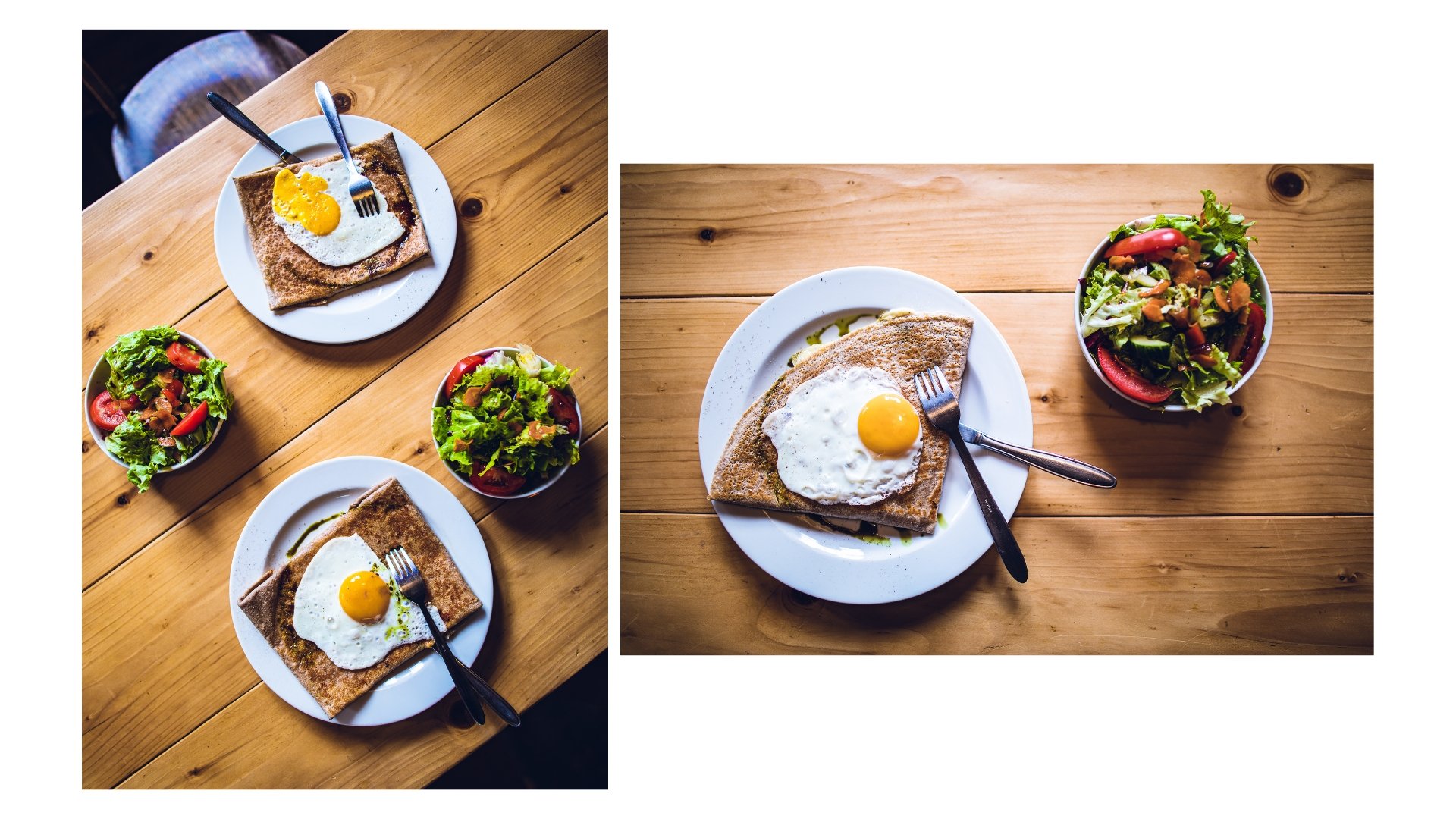 Ein Holztisch mit zwei Tellern mit Pfannkuchen, einem mit Ei und einem mit einem Spiegelei. Zwei Schalen mit gemischtem Salat, darunter ein Löffel. Das rechte Bild zeigt einen einzelnen Teller mit Pfannkuchen, Ei und einem kleinen Salat. Das linke Bi