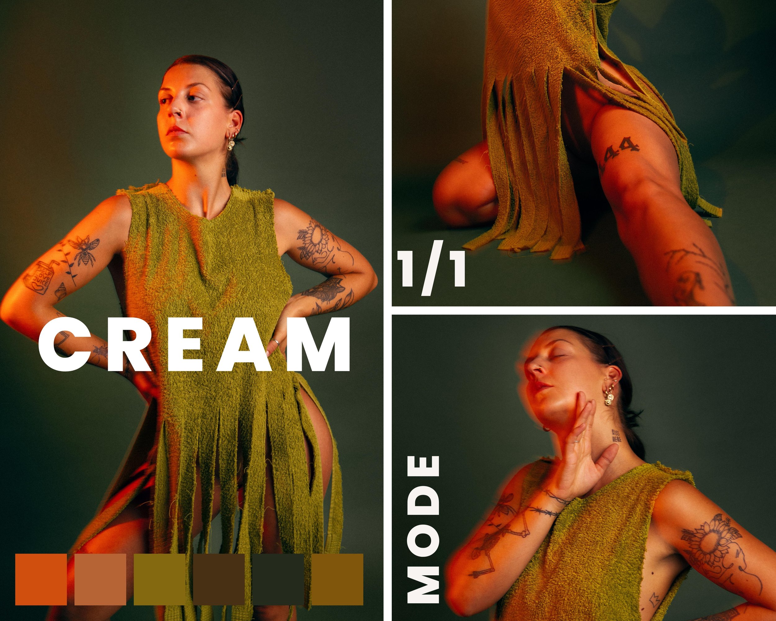 Künstliches Portrait einer jungen Frau mit Tattoos, trägt eine grüne, knotenartige Textur, posed gekonnt vor dunklem Hintergrund, umfasst eine Collage von drei Aufnahmen, mit weißen Textbeschriftungen '1/1', 'CREAM', und 'MODE' und eine Farbpalette m