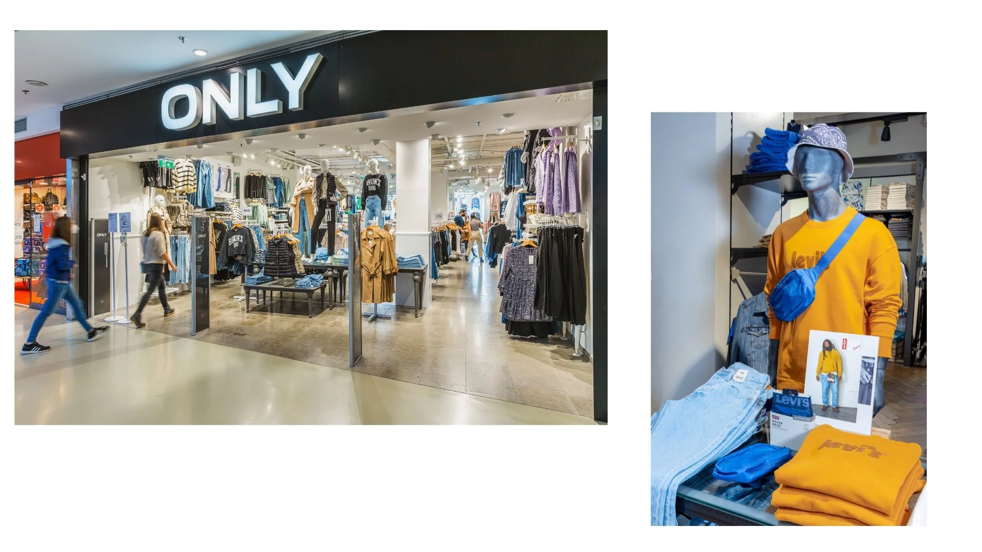 Vorderansicht eines Modegeschäfts mit offenem Eingang, mit Kleidung wie Hemden, Hosen und Jacken im Inneren. Auf der rechten Seite ein Mannequin, das ein gelbes Sweatshirt, eine blaue Gürteltasche und eine Mütze trägt, in einem Display mit Levi's- un