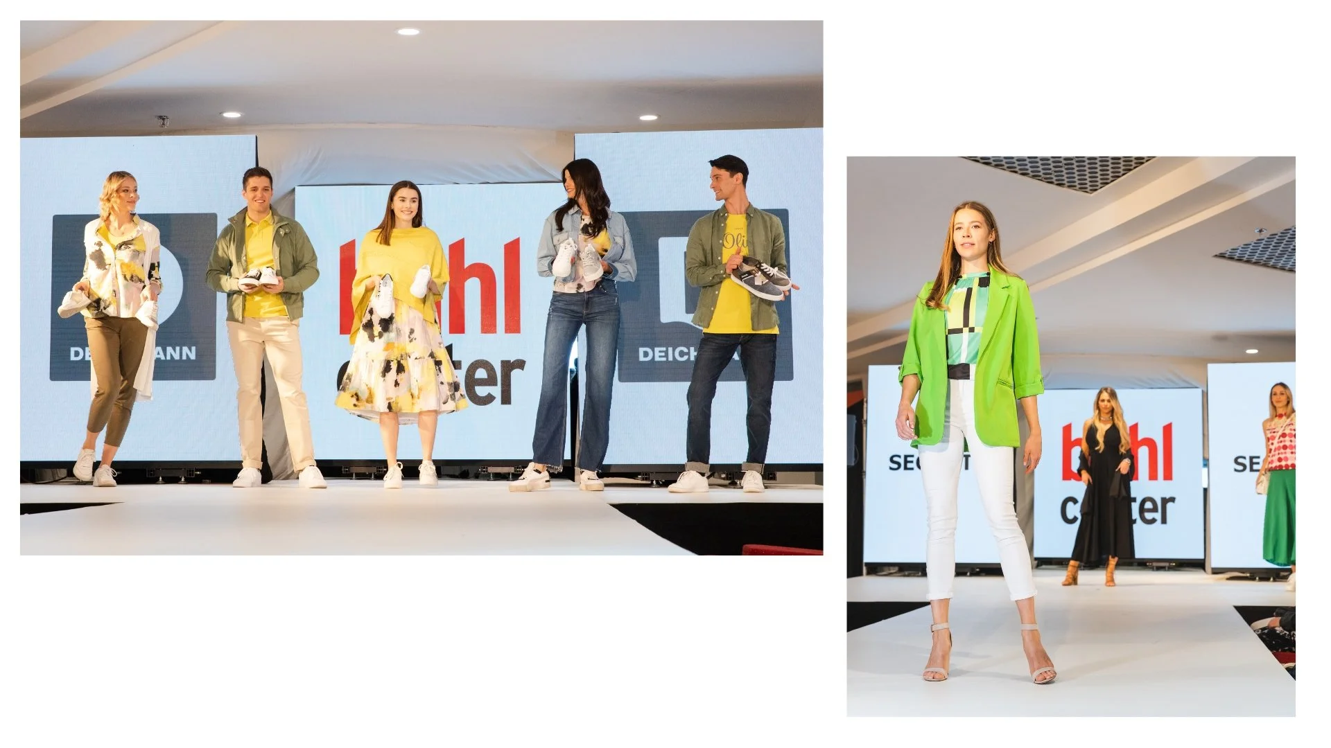 Models präsentieren auf einem Laufsteg bei einer Modenschau während einer Veranstaltung, mit einem Bildschirm im Hintergrund, der das Logo von 'Bohlen Center' zeigt.
