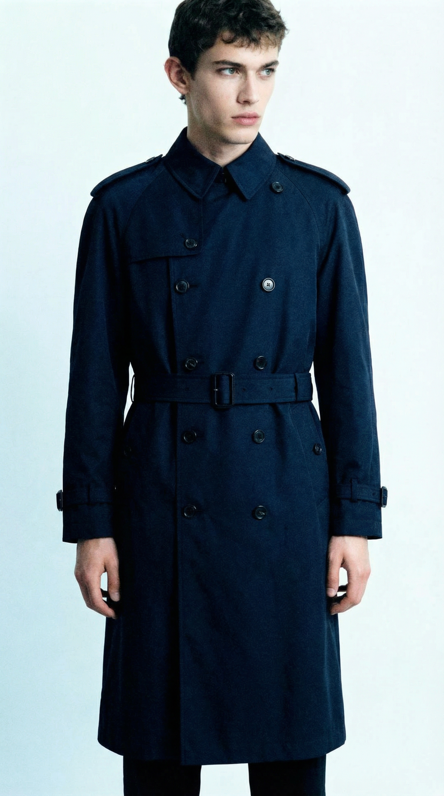 Ein junger Mann trägt einen dunklen Mantel im Trenchcoat-Stil mit Doppelreihe Knöpfen und Gürtel, vor hellem Hintergrund.