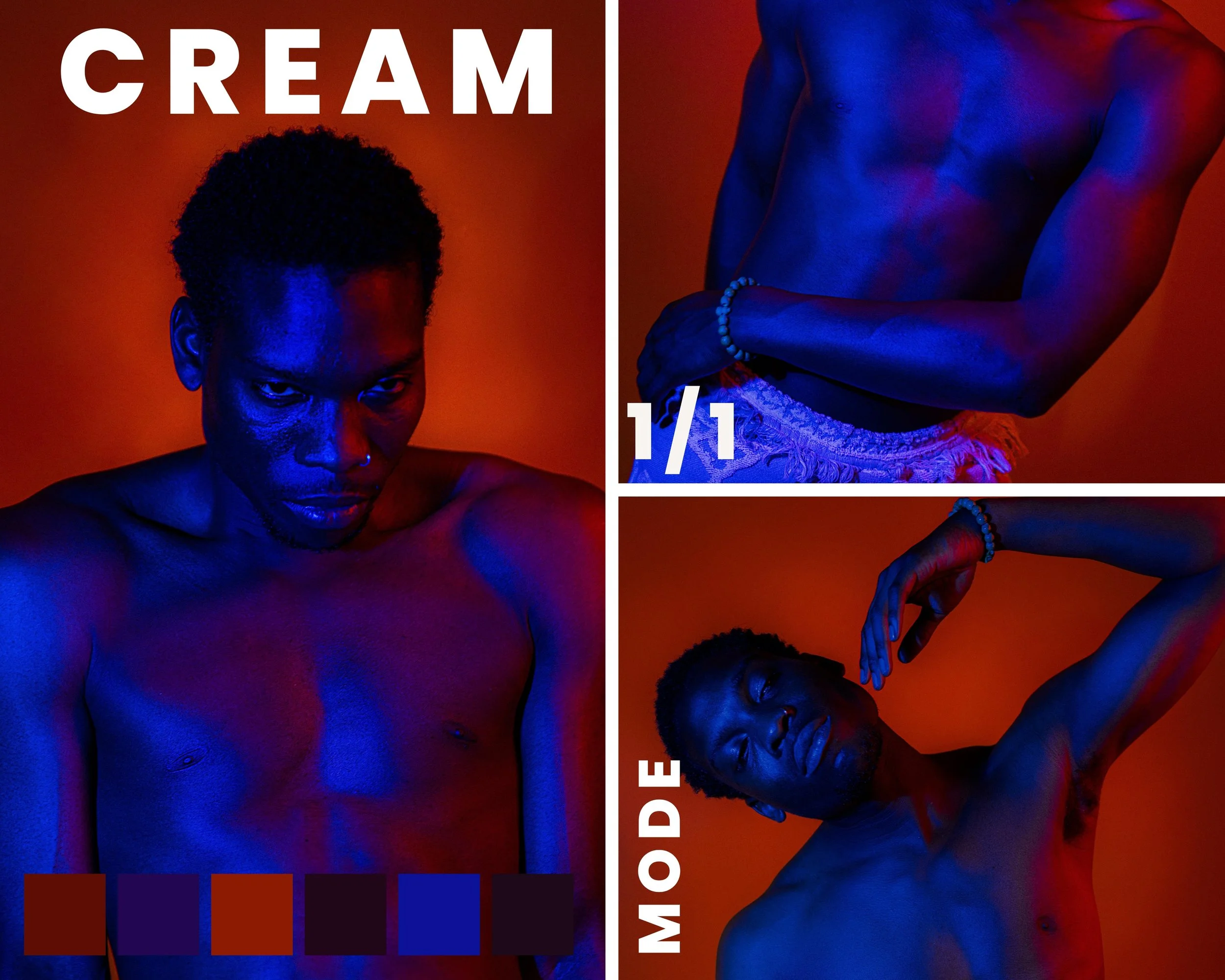 Drei aufnahmen eines schwarzen Mannes mit blauer und roter Beleuchtung, die einen minimalistischen, künstlerischen Ausdruck zeigen, zusammen mit Farbpaletten am unteren Rand und dem Text 'CREAM MODEL'.