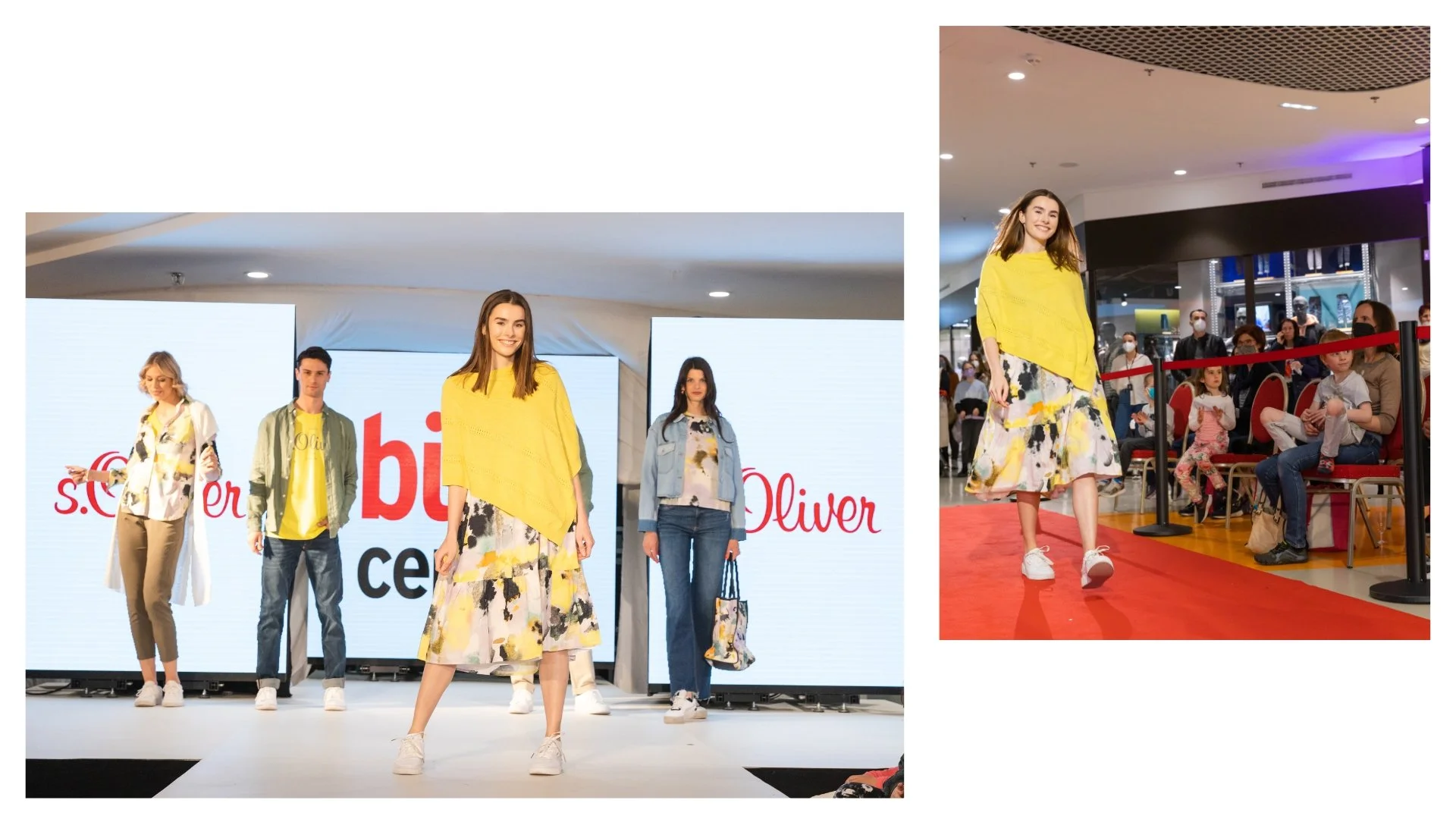 Modelle präsentieren Kleidung auf einer Modenschau, Zuschauer sitzen im Hintergrund.