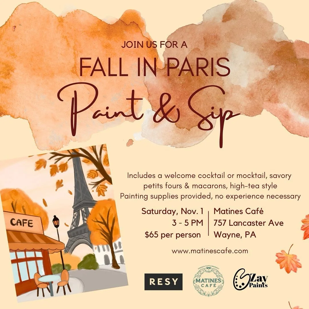 Fall in Paris&hellip; without the flight 🇫🇷✨ Join us and @zayxpaints for a cozy Paint &amp; Sip at Matines Wayne &mdash; cocktails, macarons, and autumn vibes included 🍂🎨 Link in bio to book!

#paintandsip #waynepa #mainlineevents #sipandpaint #p