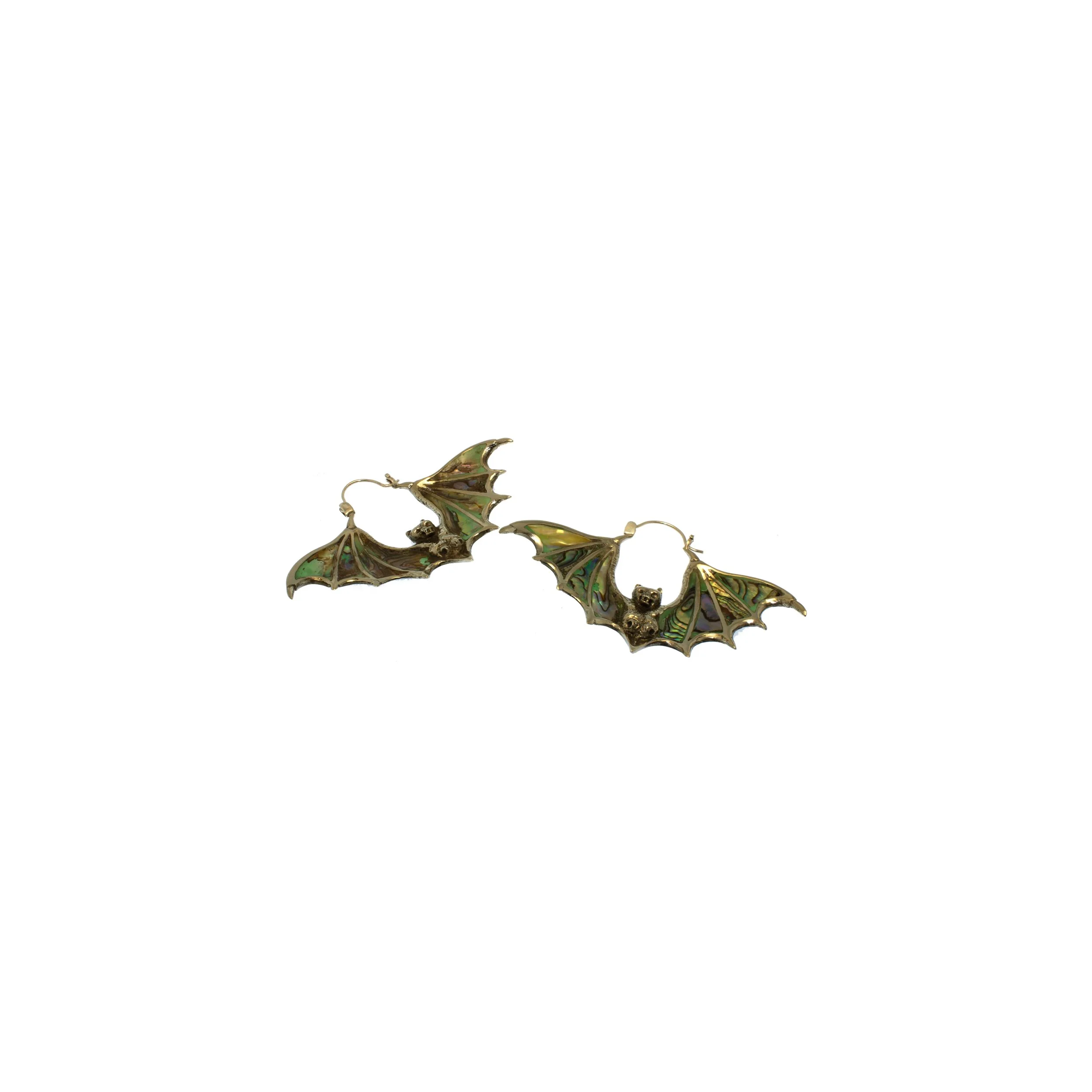 White Brass and Abalone Bat Earrings (18 Gauge)
