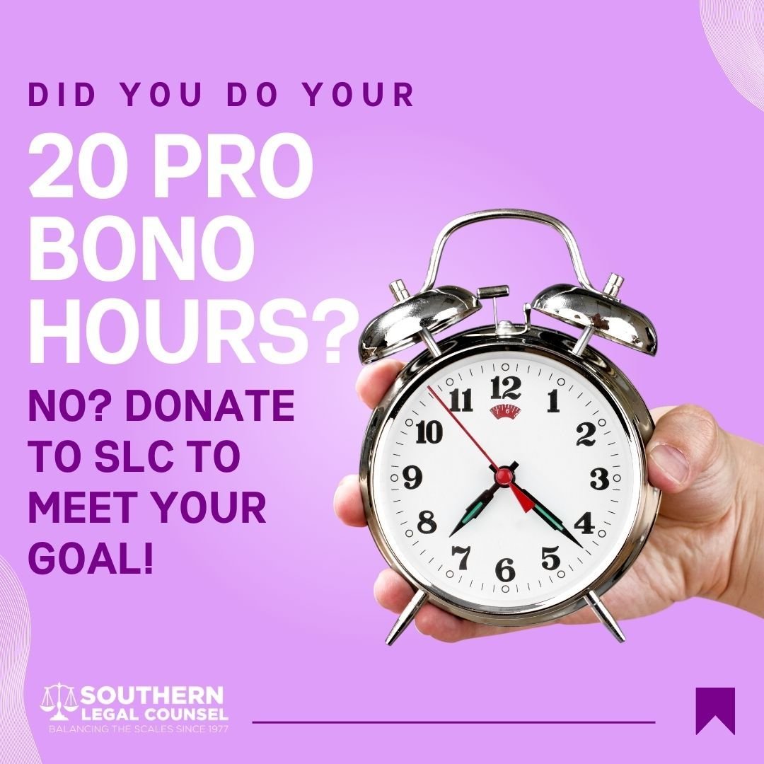 💼 Fellow lawyers, this is for you!

✅ Do you not have time to do 20 hours of pro bono work?
✅ Do you still want to fulfill your goal?
✅ Did you know that you can donate to a legal aid organization to fulfill that goal? 

SLC protects the civil, cons