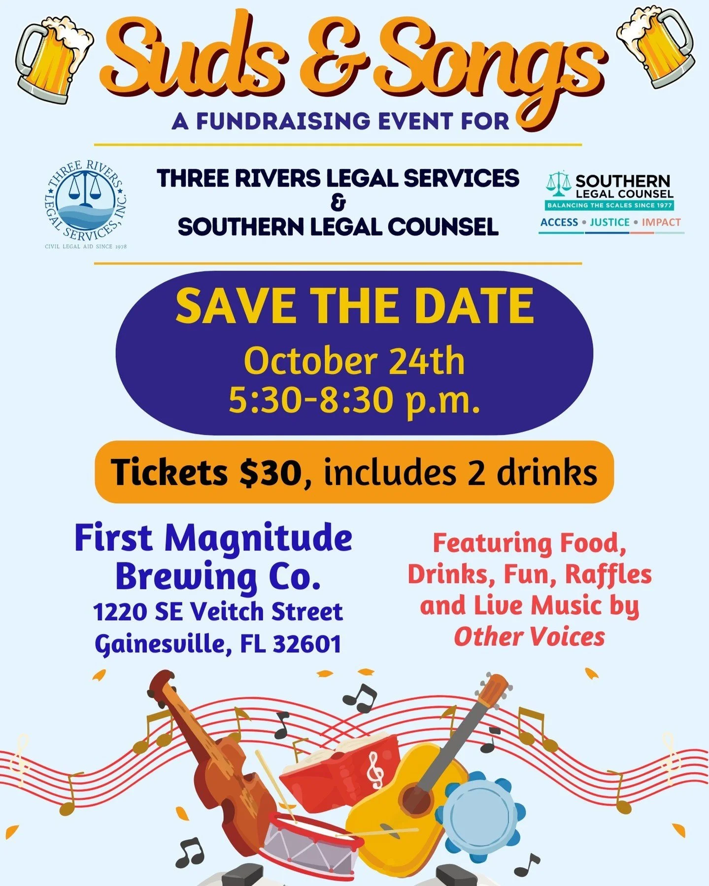 🚨 ONE DAY TO GO! Suds &amp; Songs 2024 is Almost Here! 🚨⠀
⠀
Don't miss this incredible event happening tomorrow&mdash;October 24th at First Magnitude Brewing Co.! Join us for an unforgettable evening of music, community fun, and delicious food, all