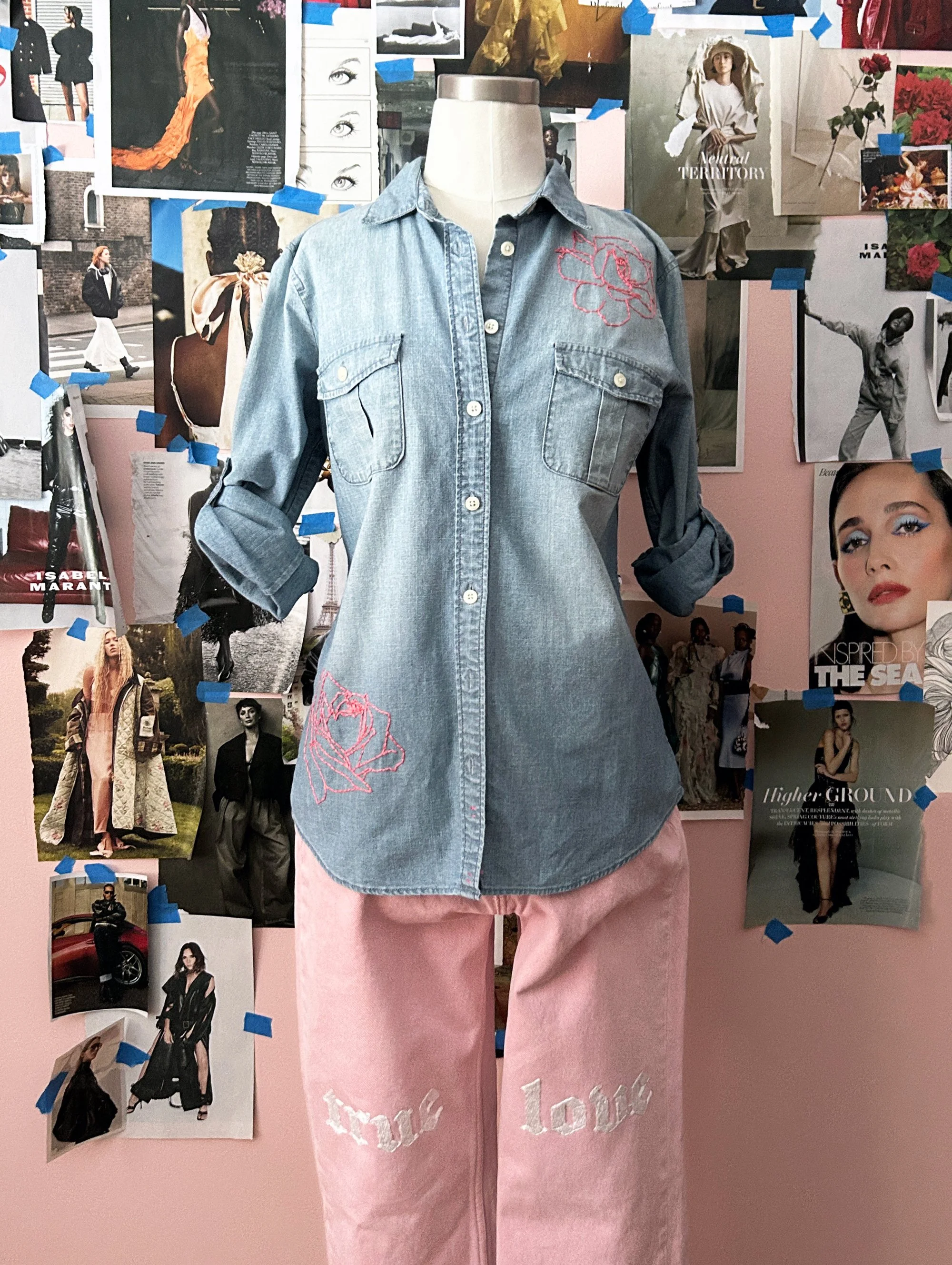 Pink Roses Denim Shirt