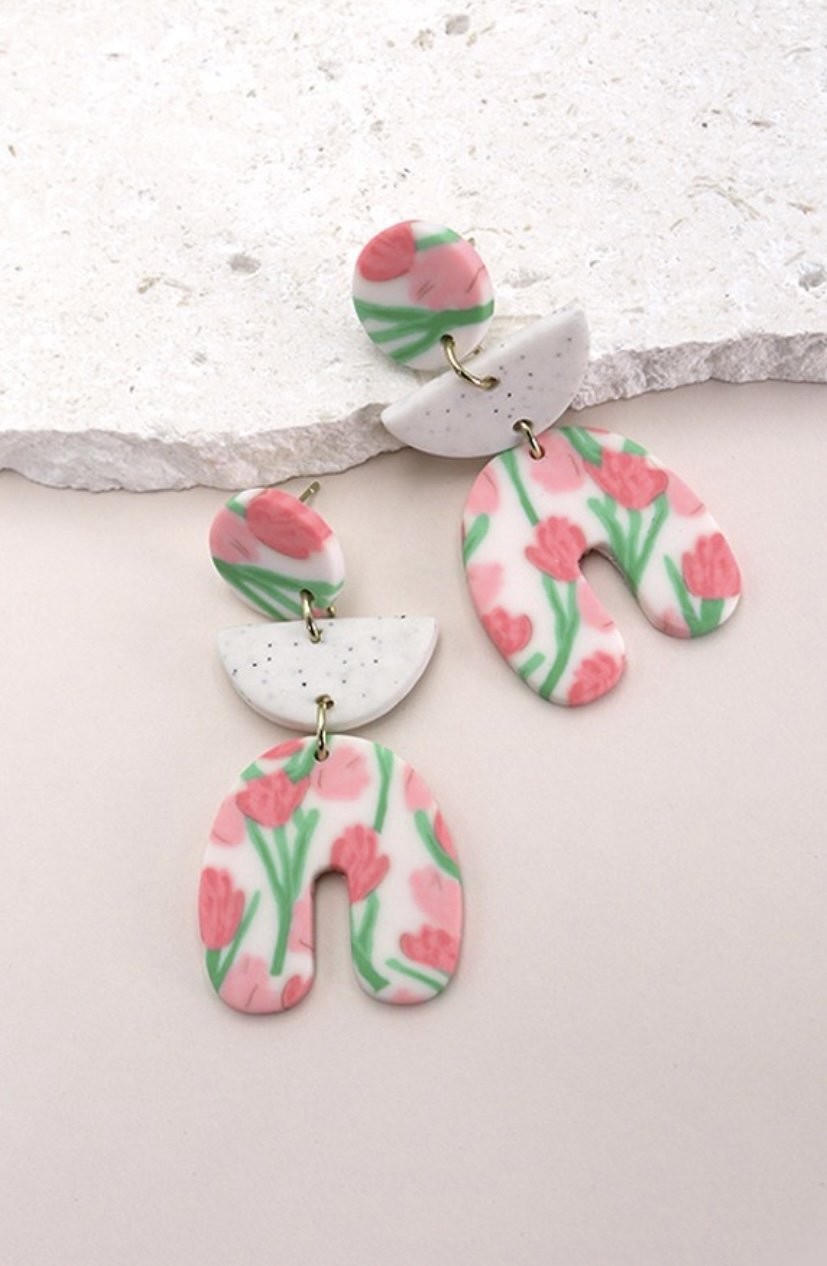 Pink Flower Clay Earrings