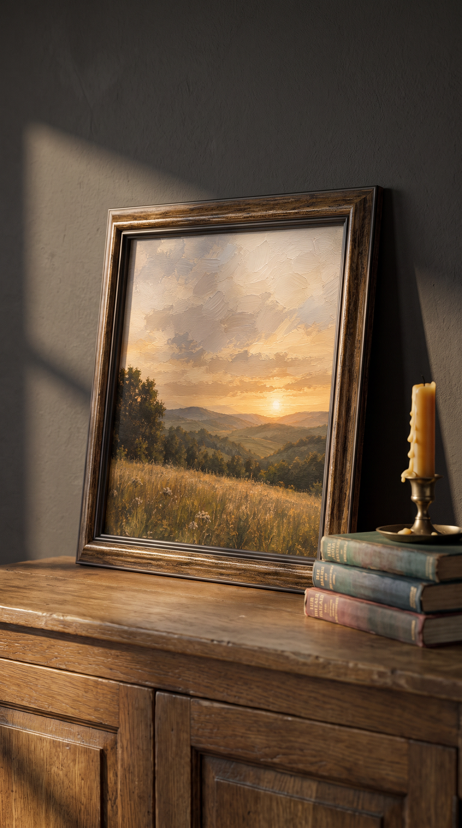 A framed landscape painting of a sunset over rolling hills and fields, placed on a wooden surface next to a stack of books and a candle in a brass holder.