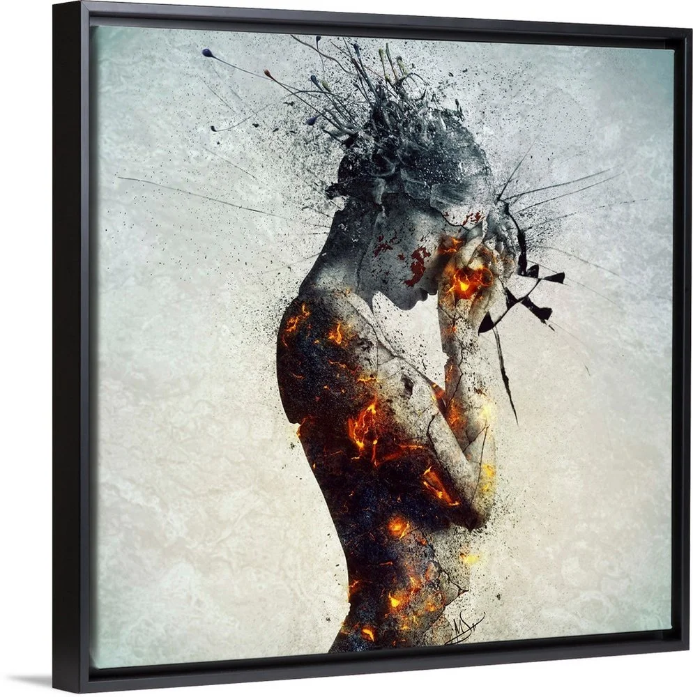 A digital artwork of a woman with her head bowed and arms crossed over her chest, depicted in a watercolor and fire style with abstract splashes and burnt effects.