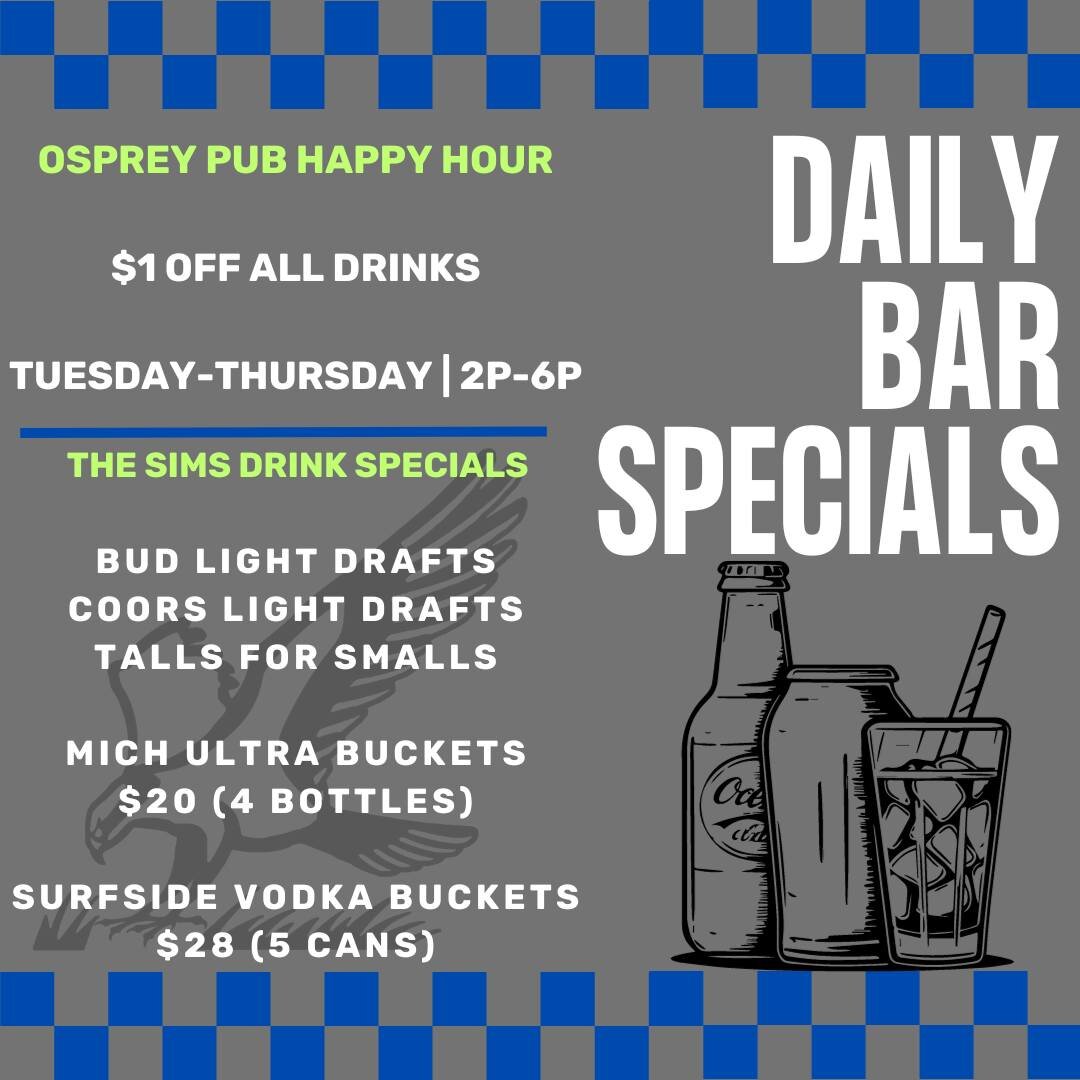 Our weekly happy hour &amp; SIMS drink specials are OUT!

Tuesday-Thursday | $1 off all drinks in the pub from 2p-6p!

While playing on the SIMS, we have talls for smalls on Bud Light &amp; Coors Light, buckets of both Michelob ULTRA  and Stateside V