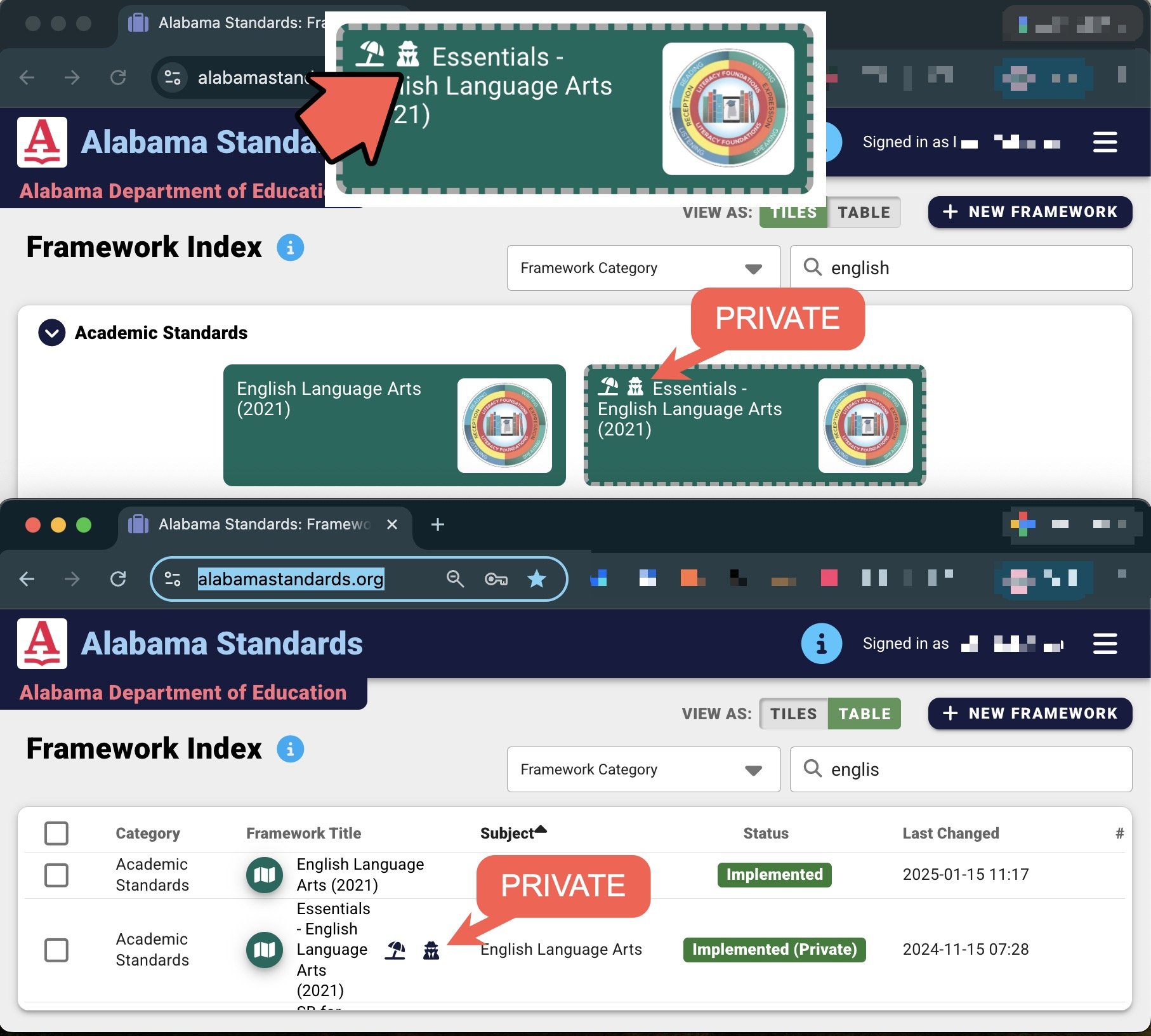 Incognito icon showing private frameworks for Satchel CASE publishing users