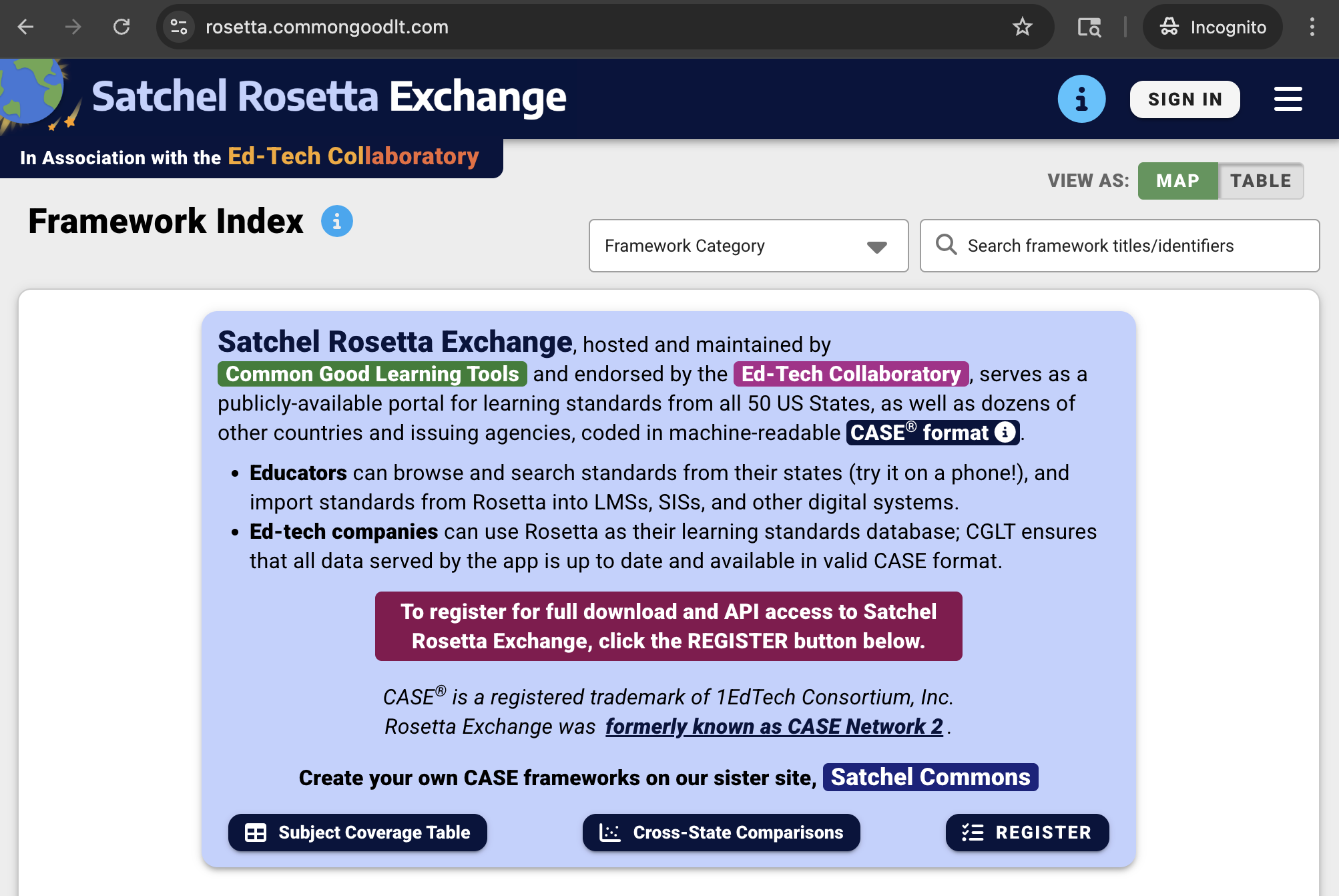 Satchel Rosetta Exchange Framework Index landing page.