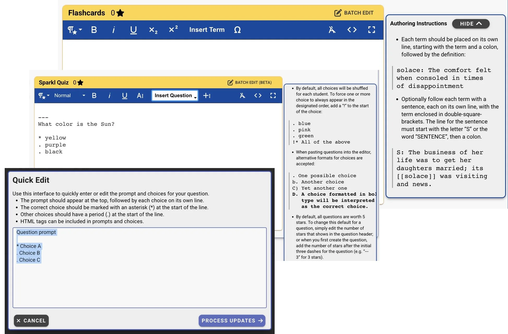 The quick edit directions are pictured along with images displaying the batch edit option which already exists for Formative Quiz and Flashcard exercsie types.