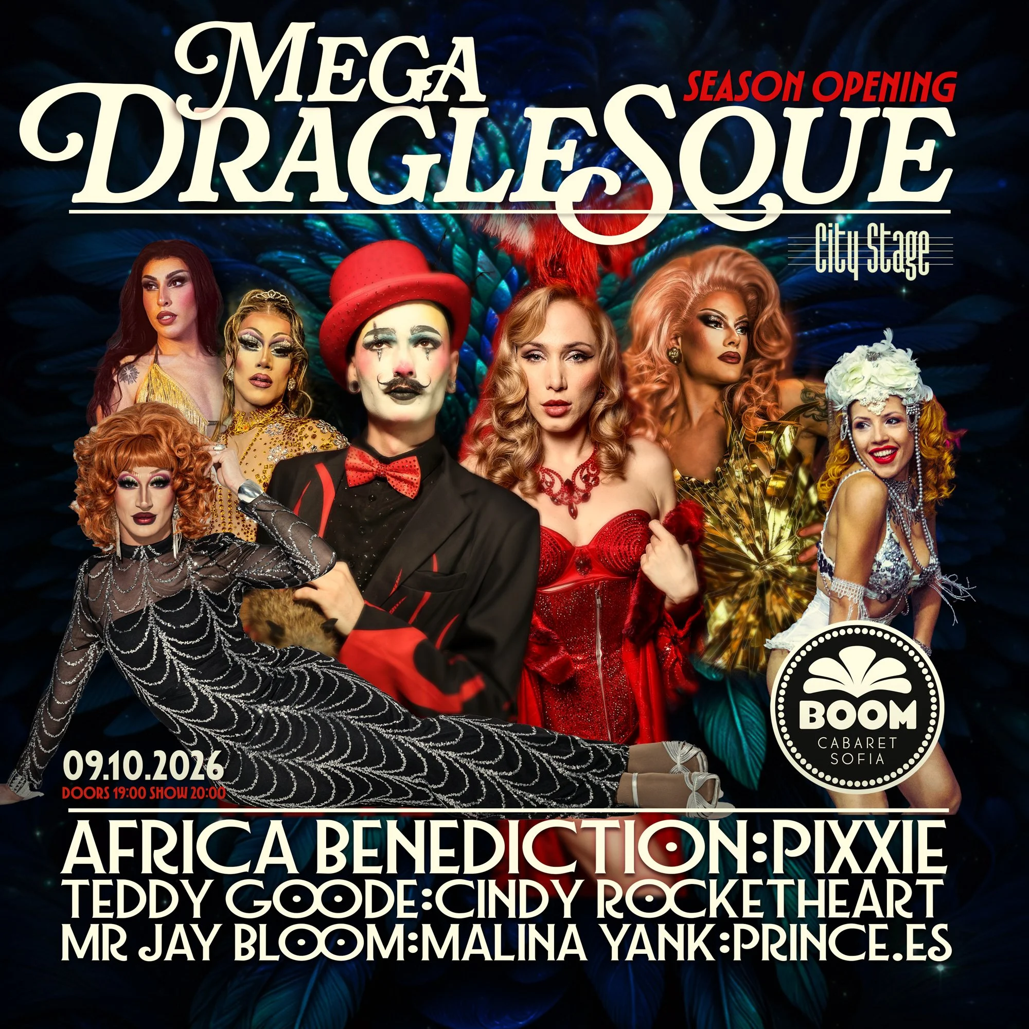 Promotional poster for Mega Drag/Lesque season opening event at City Stage, featuring images of multiple drag performers in elaborate costumes and makeup, with event details including date, time, location, and lineup of performers.