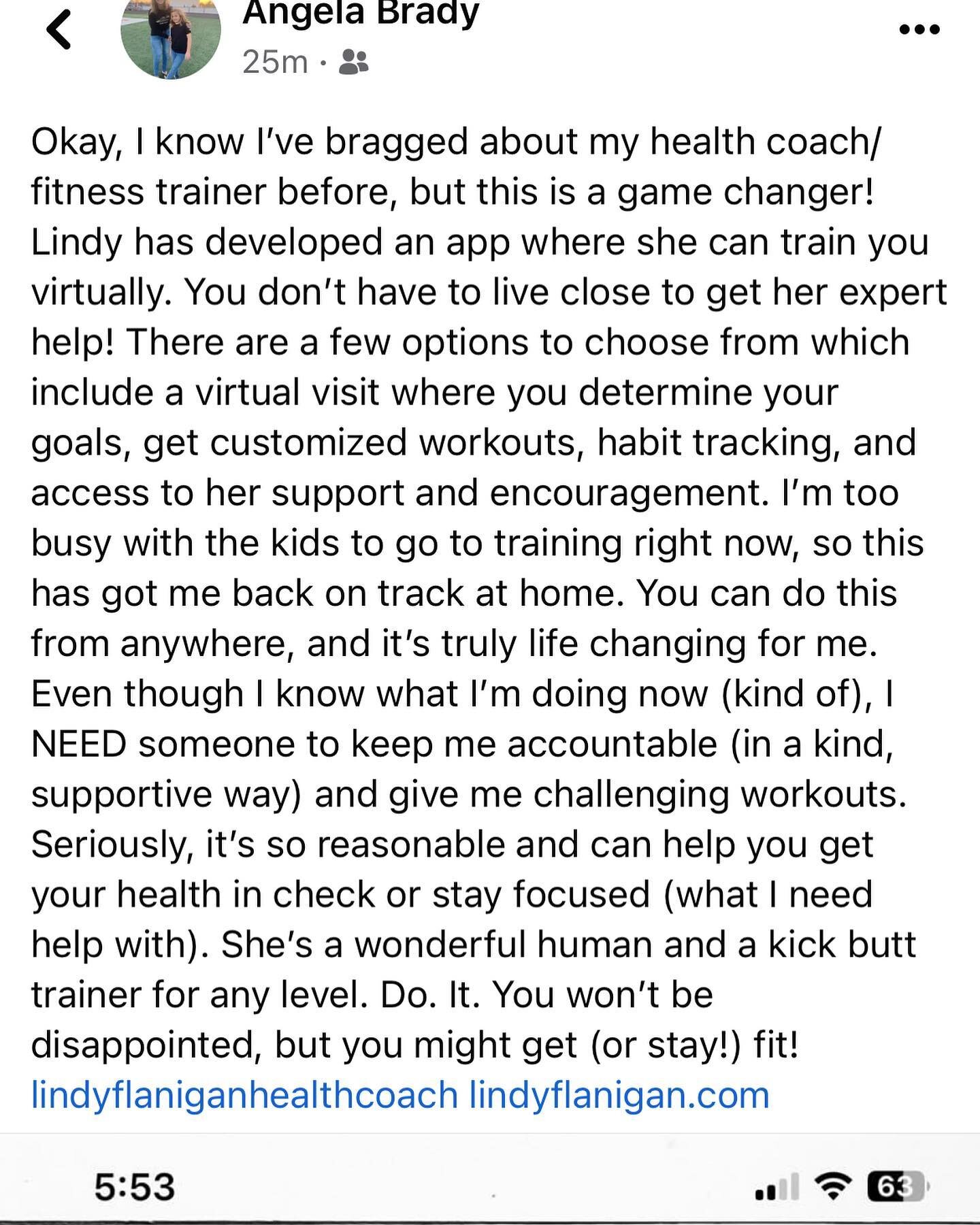 ❤️❤️Client testimonials are amazing&hellip;thank you Angela for this kind testimonial!! 

💥💥She signed up for my app a few days ago and already loves how it&rsquo;s pushing her, keeping her accountable and has got her moving!!! 

👉🏻Do you want to