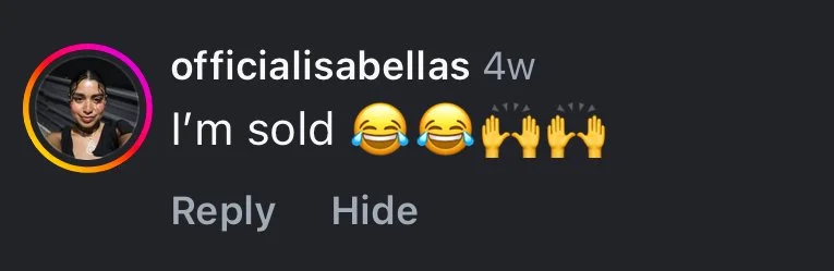 Text post stating, "I'm sold" with laughing and clapping emojis.