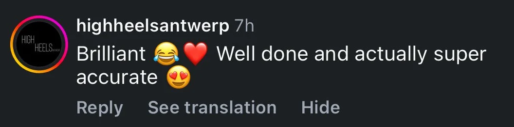 A social media comment praising a person's work with emojis of a smiling face, heart, and a smiling face with heart-eyes.