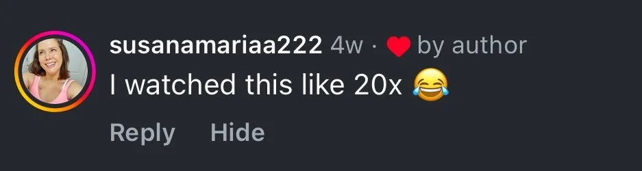 Screenshot of a social media comment by susanamariaa222, mentioning they watched a video like 20 times, with a laughing and crying emoji.