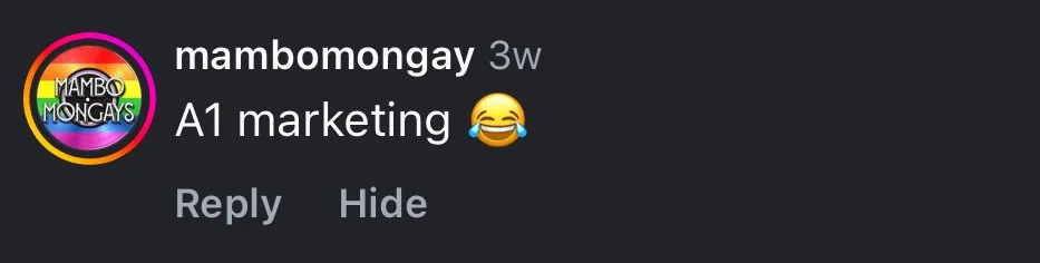 Instagram comment from user 'mambomongay' that says 'A1 marketing' with a laughing emoji.