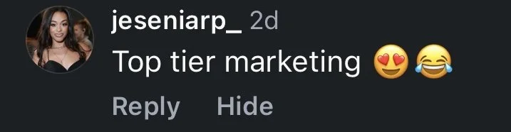Instagram comment by user 'jesenarp_' saying 'Top tier marketing' with heart eyes and laughing emojis.