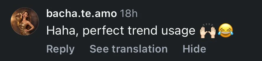 Text message from user: 'Haha, perfect trend usage 🙌🙌😂'