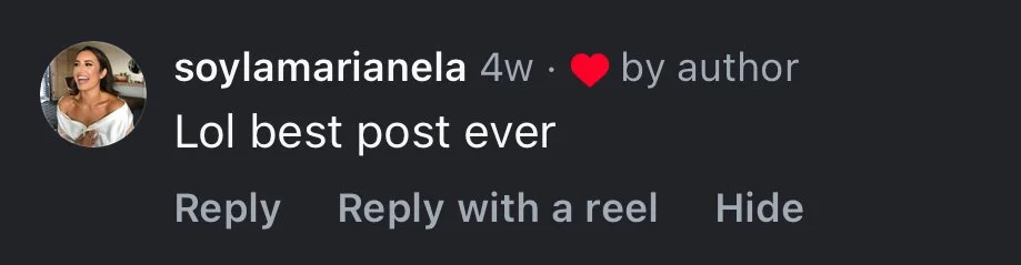 Screenshot of a social media post by soy lamarinela with a profile picture of a woman smiling, the text says 'Lol best post ever'.