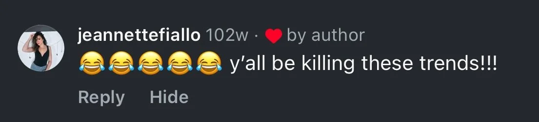 Social media comment from jeannettefialo with laughing emojis, expressing amusement at trending topics