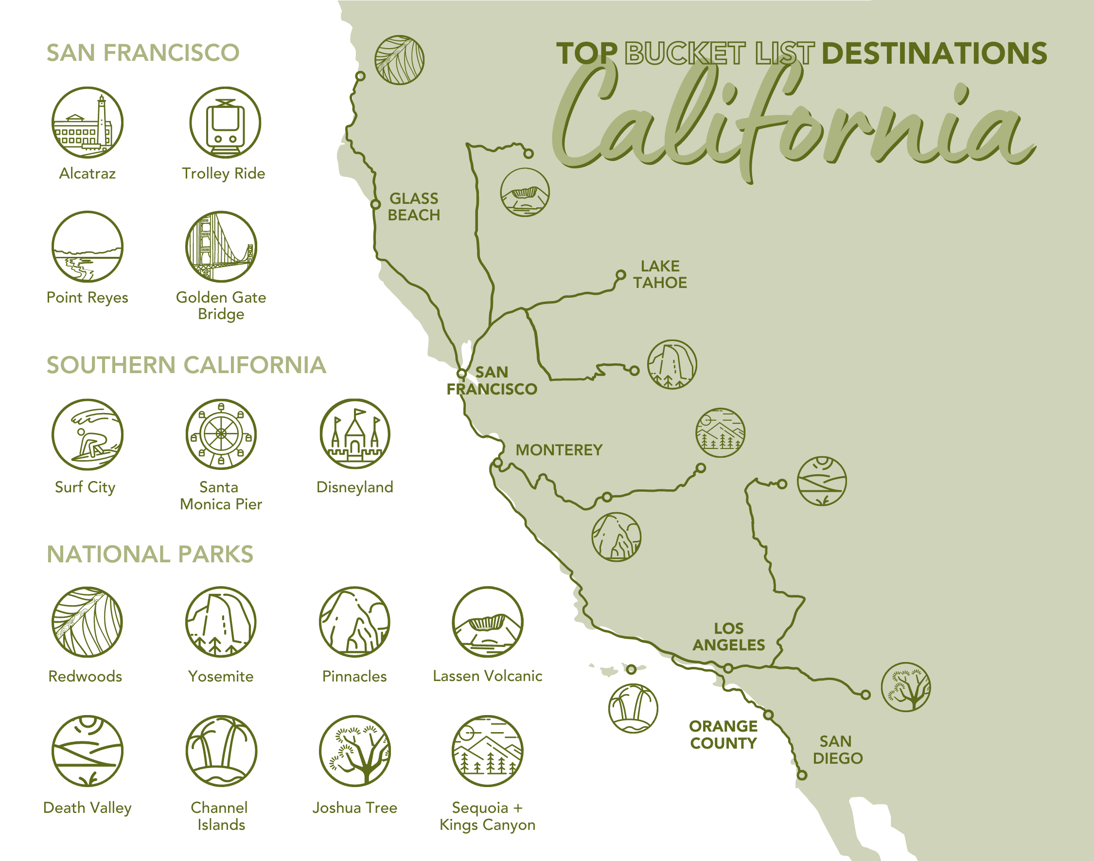 graphic for a travel client promoting travel destinations in california, with hand-drawn doodles to denote each must-do or must-see attraction.