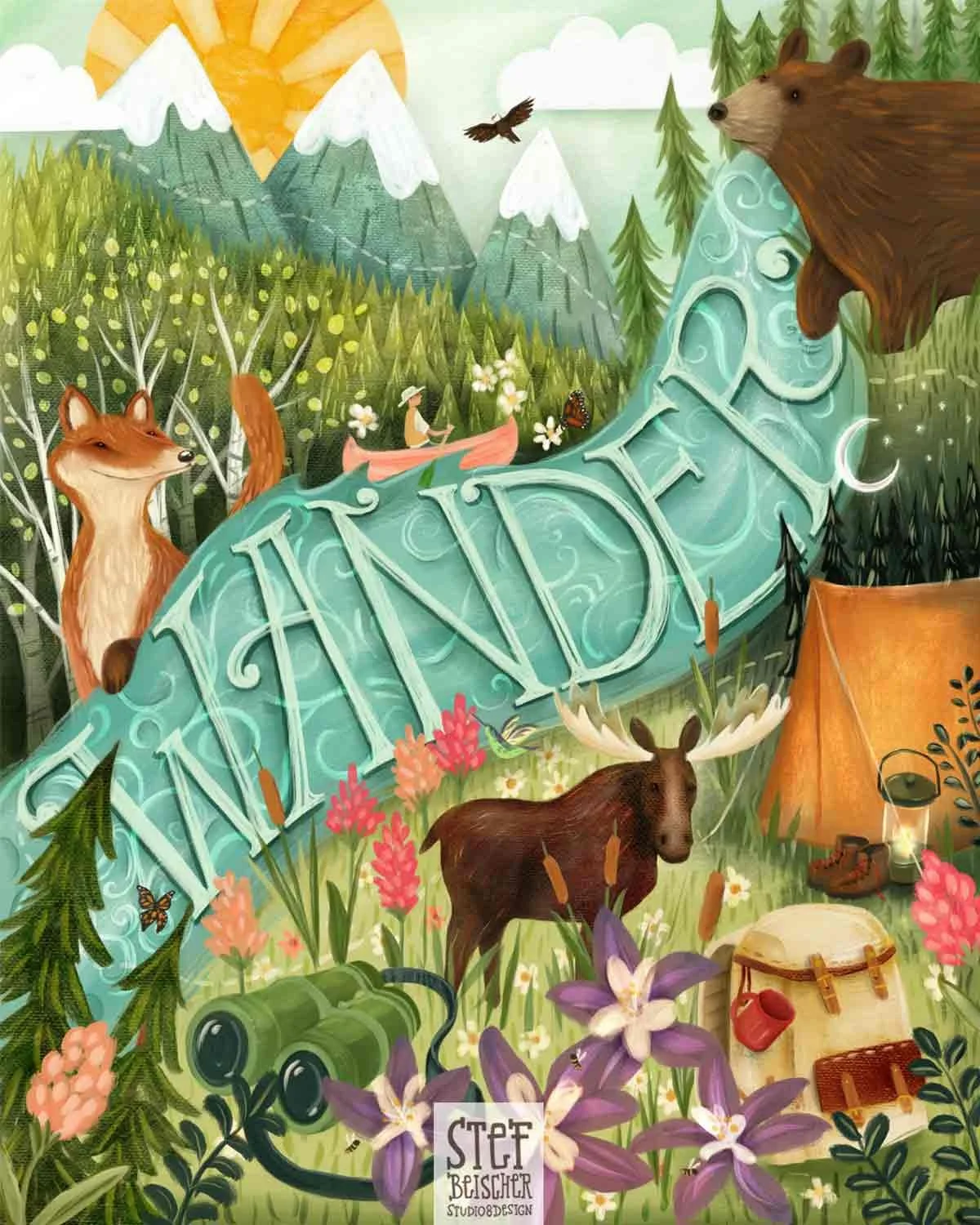 Whimsical hand lettered national park illustration that reads WANDER  -  featuring moose, fox, bear, camping gear, river rapids, bugs and butterflies. 