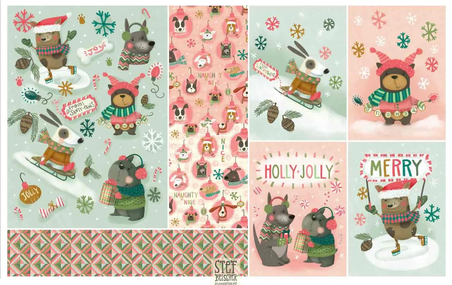 Adorable dog themed Christmas surface pattern design collection. Perfect for gift wrap, greeting cards, gift tags and more. By Stephanie Beischer