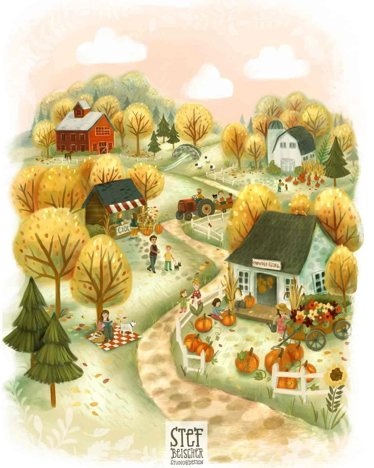 A colorful farm scene with autumn trees, a red barn, white silo, cow, people picking pumpkins, a vendor stand, and a path winding through the landscape.