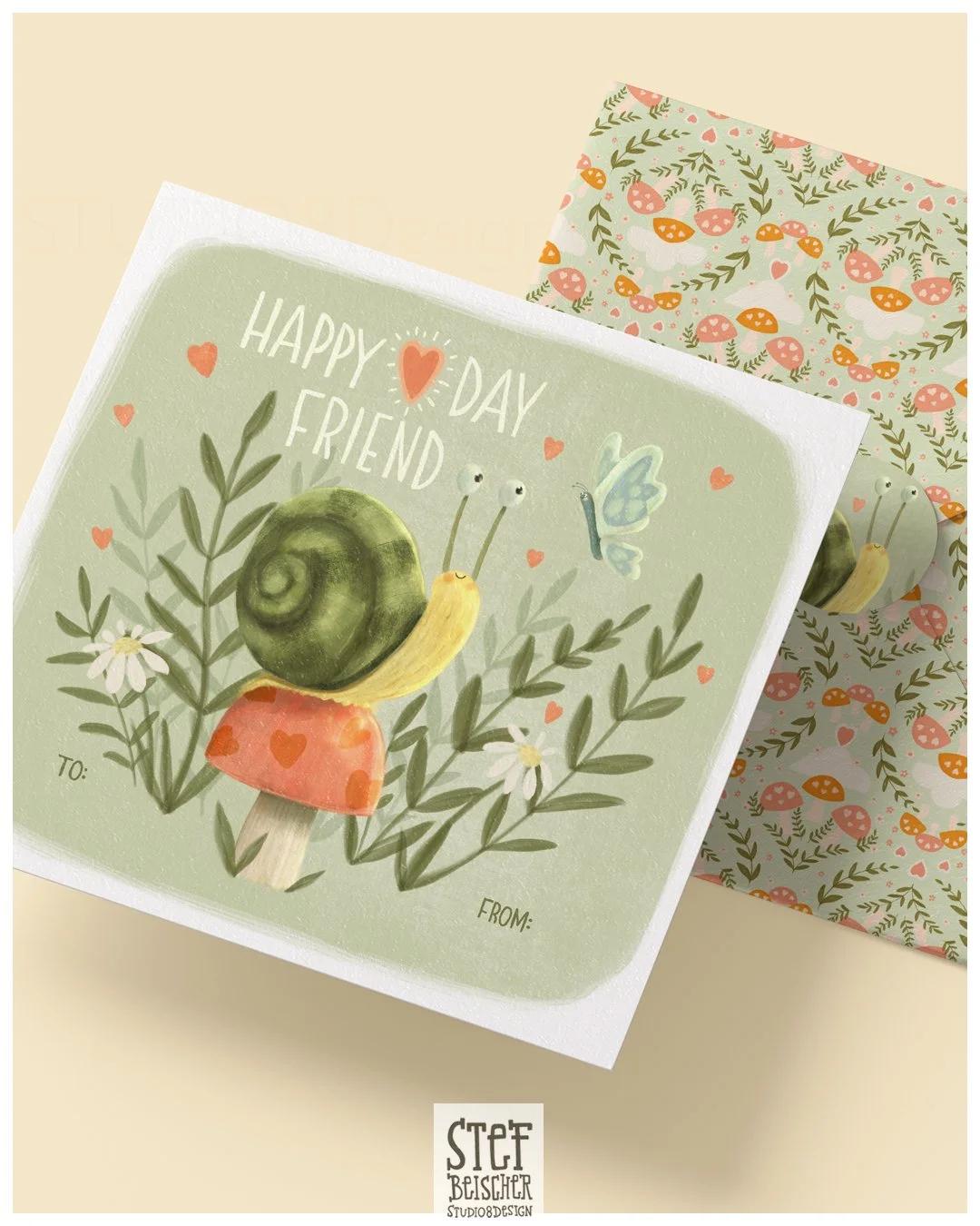A greeting card with a snail character wearing a pink skirt with hearts, surrounded by greenery and daisies, with the text 'Happy Day Friend' and space for 'To' and 'From'; a matching envelope with a mushroom and leaf pattern.
