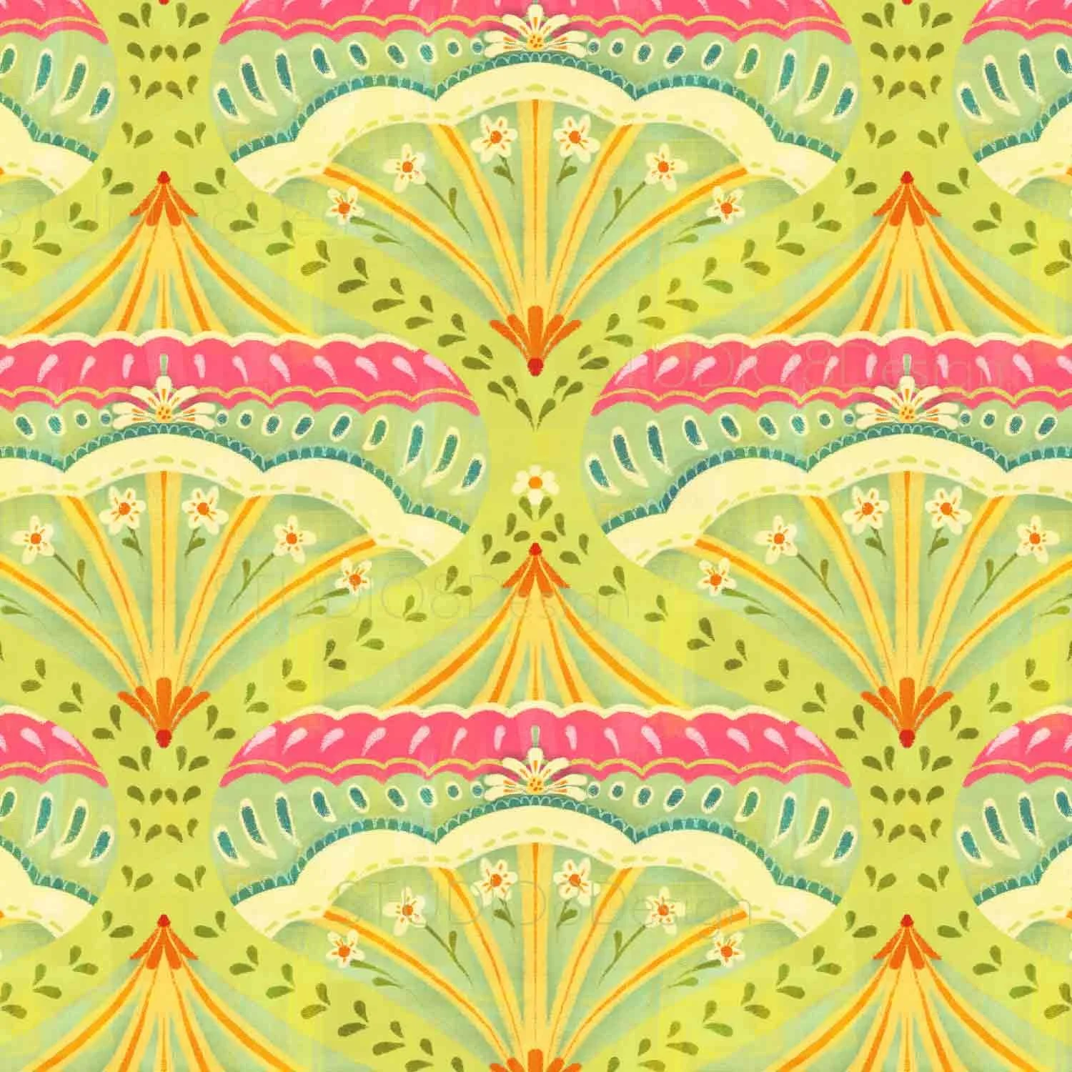 Fun surface pattern design and illustration by Stephanie Beischer featuring brightly colored and ornate ogee motifs.