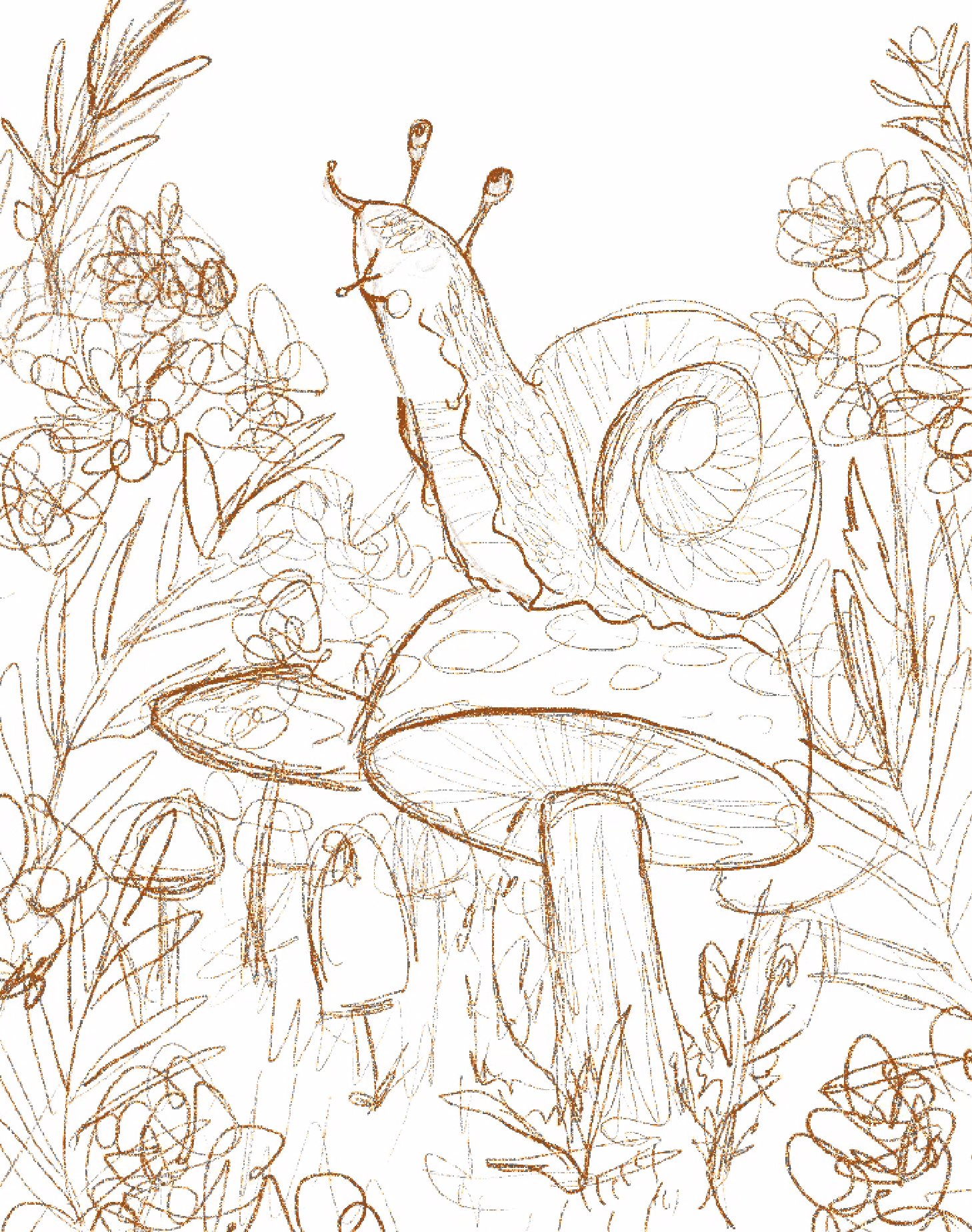 Sketch of a snail on a mushroom surrounded by flowers and plants.
