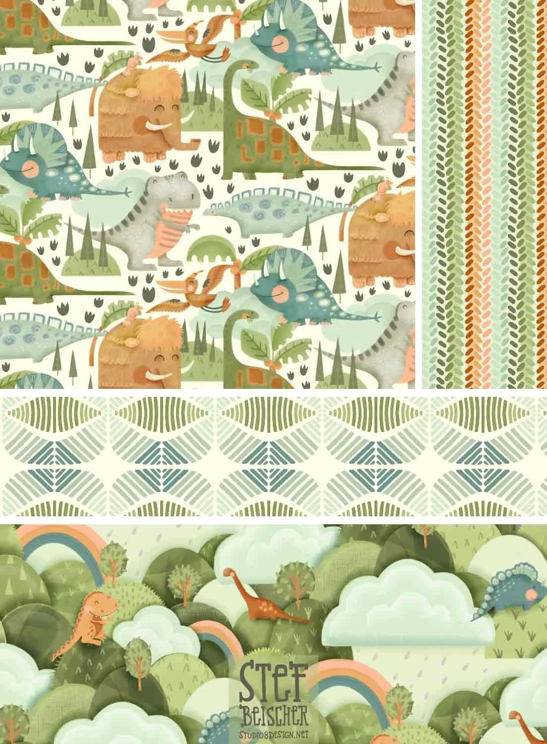 Colorful dinosaur pattern collection for boy nurseries, home decor, gift wrap and more by Stephanie Beischer