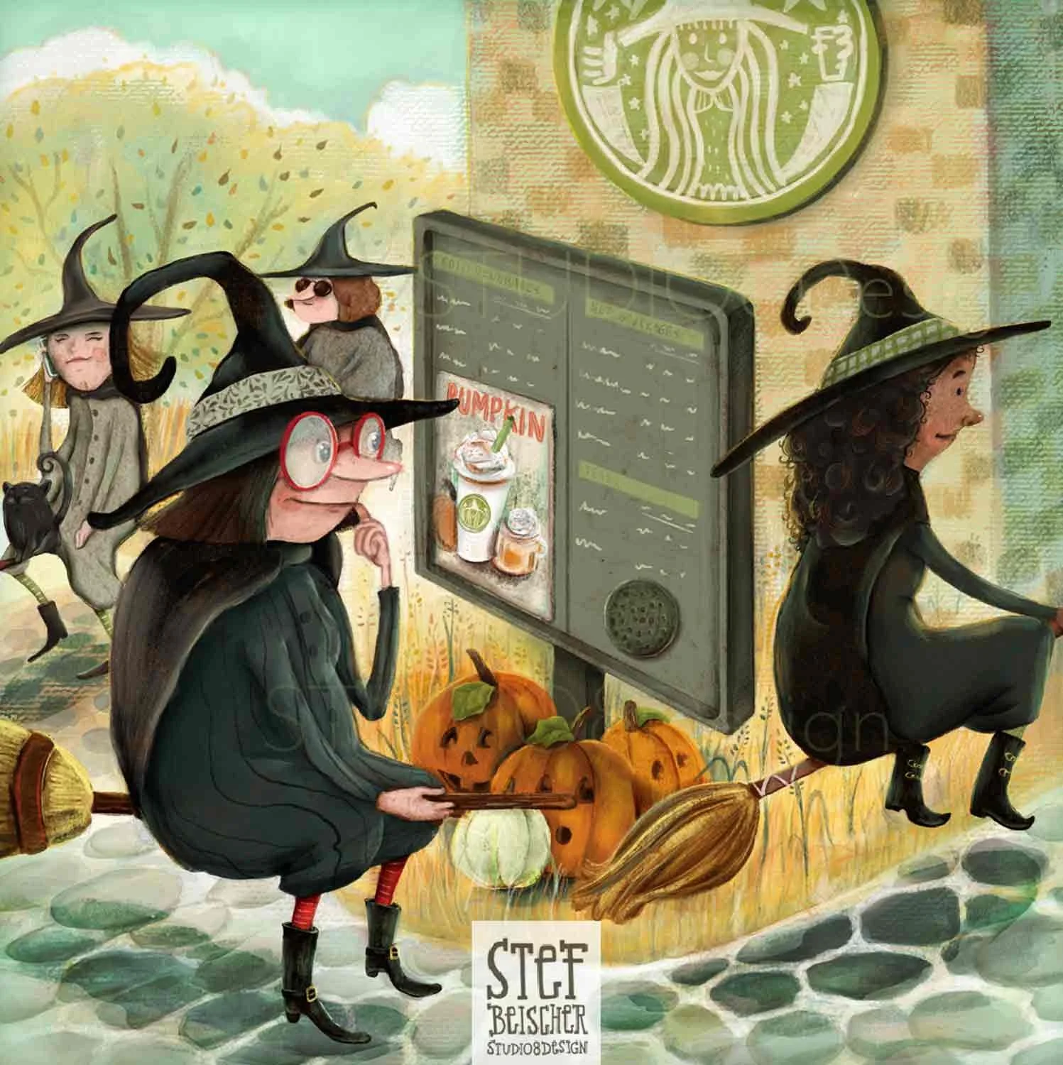 Funny witches sit in line on their broomsticks at a coffee shop drive through waiting to order Pumpkin Spice lattes by children's book illustrator Stephanie Beischer.