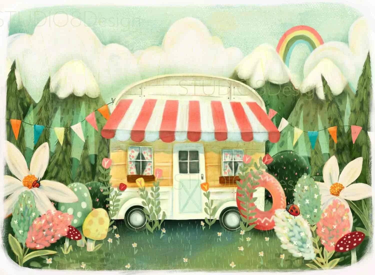 Children's book illustration featuring a cute camper and nature scene by Stephanie Beischer.