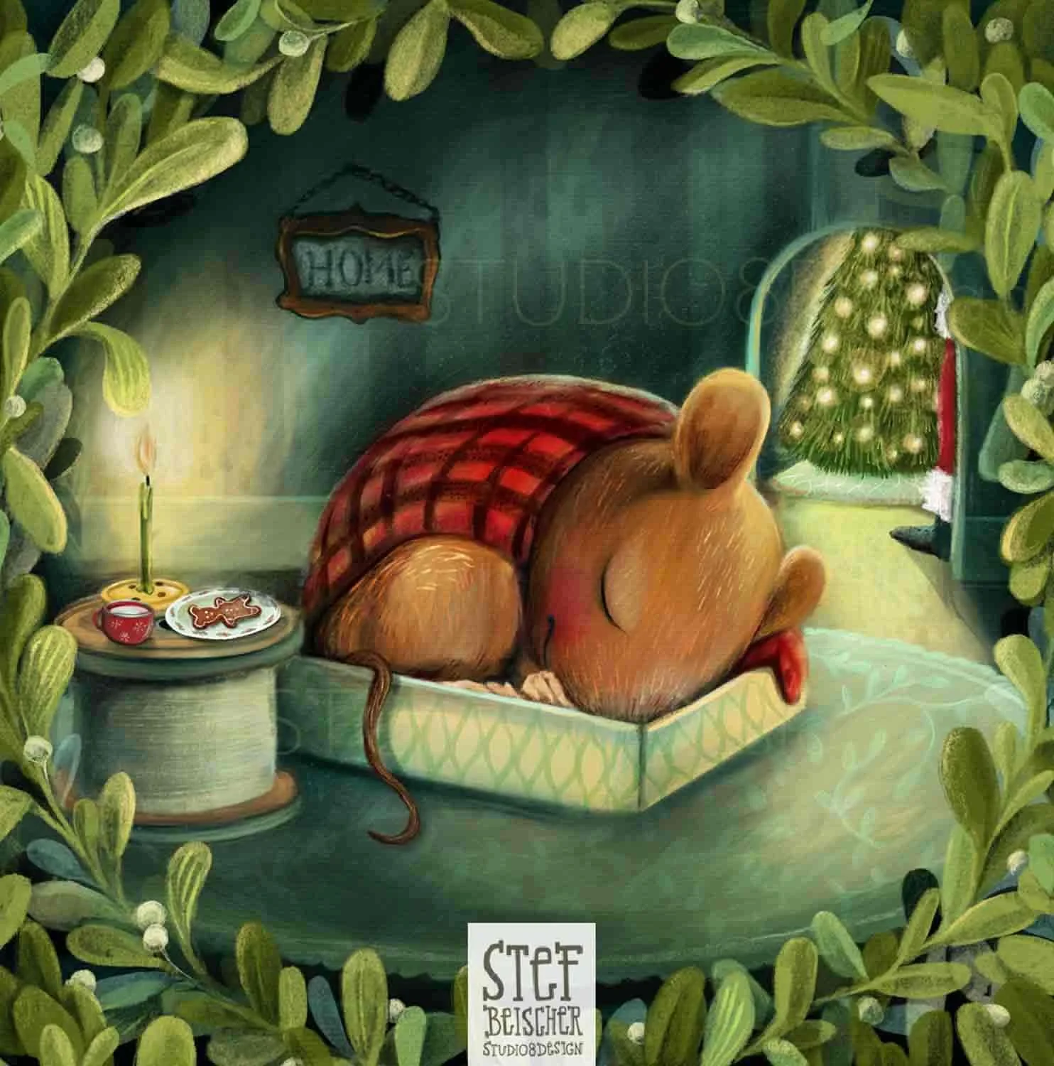 A cute mouse sleeps in a matchbox with Christmas cookies waiting for Santa. By children's book illustrator Stephanie Beischer.